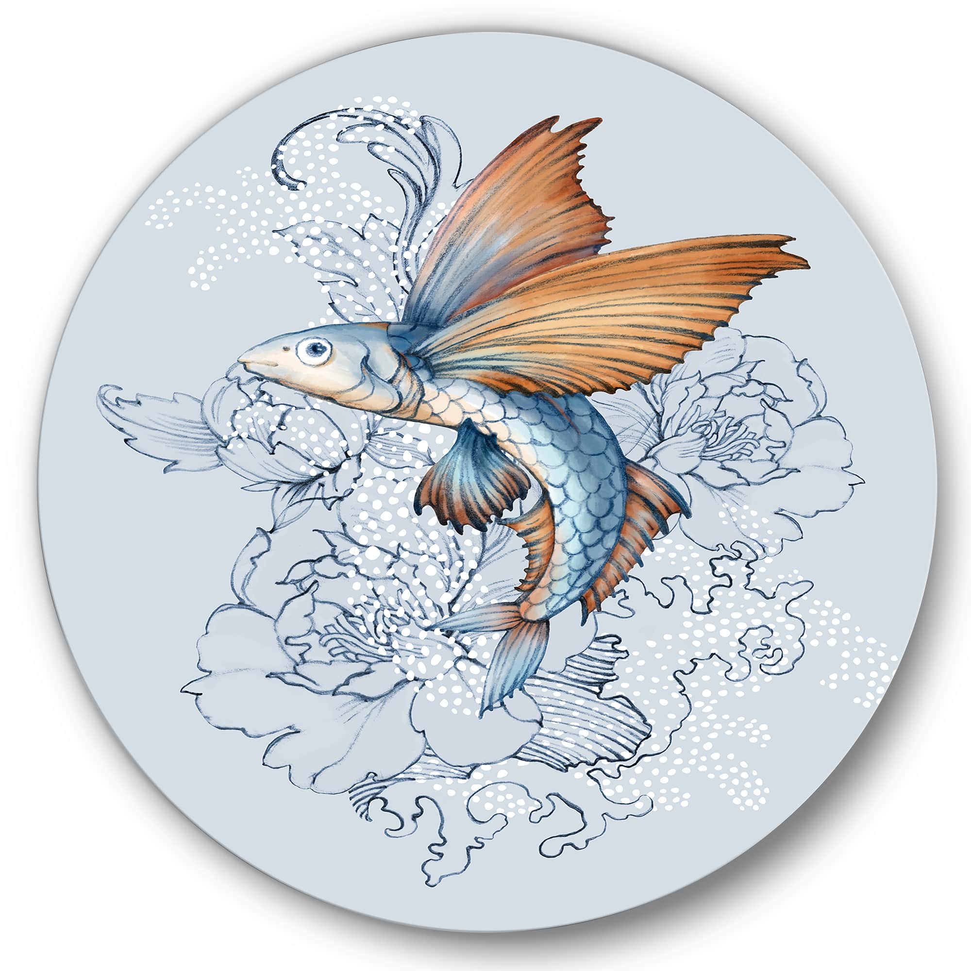 Designart - Flying Fish On Peonies - Traditional Metal Circle Wall Art