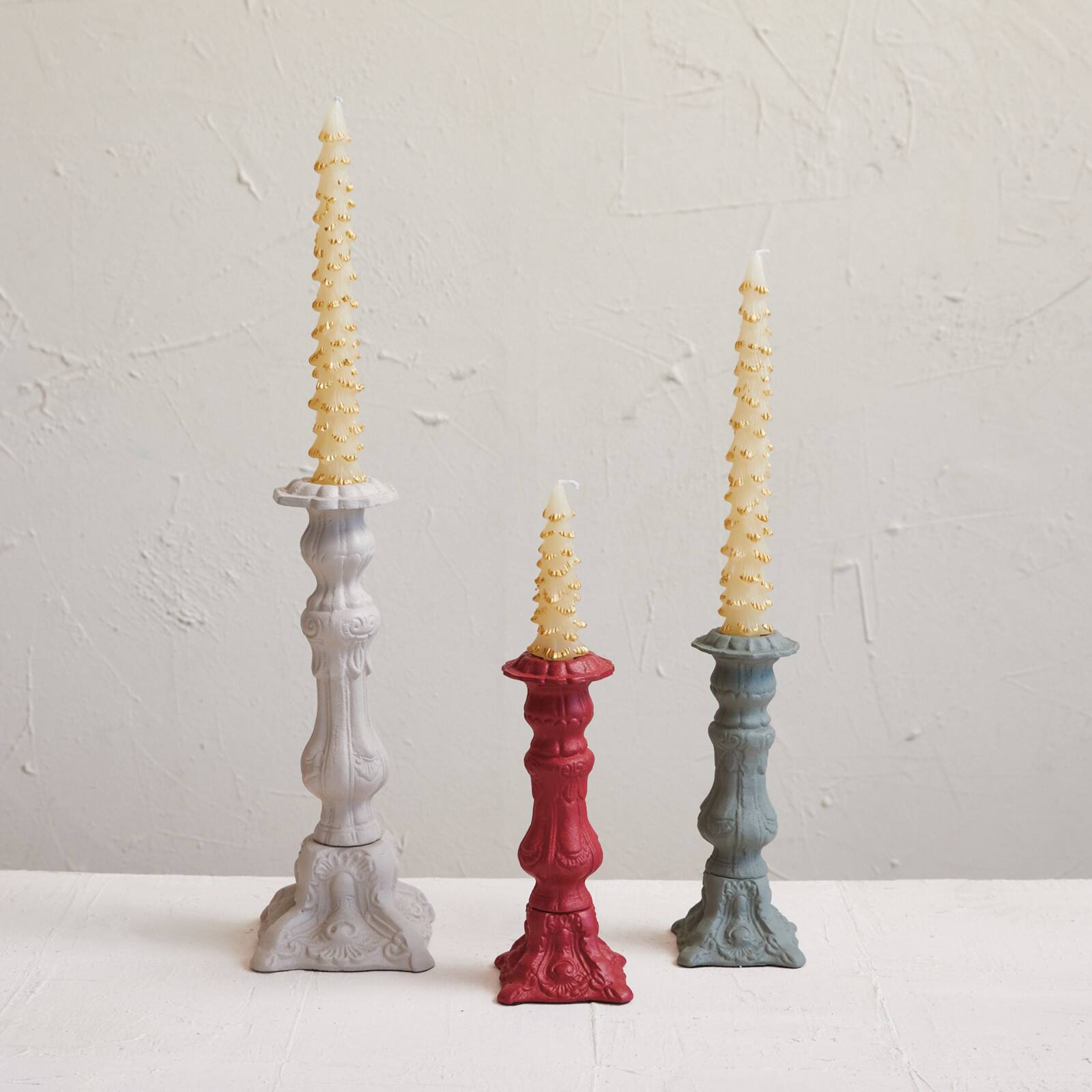 Hello Honey® 8" Green Embossed Cast Aluminum Taper Candleholder