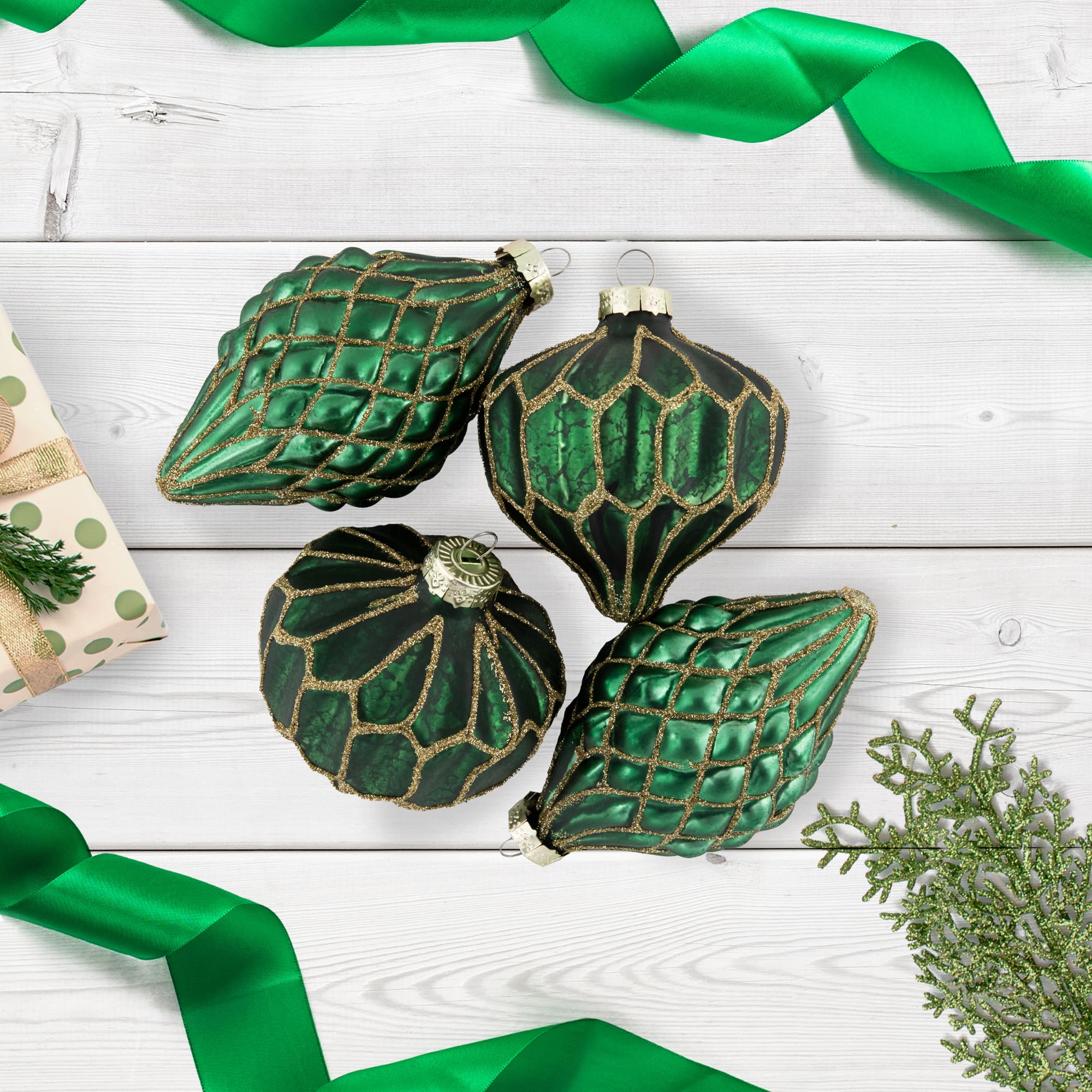 4ct. Green with Gold Glitter Onion & Finial Glass Christmas Ornaments