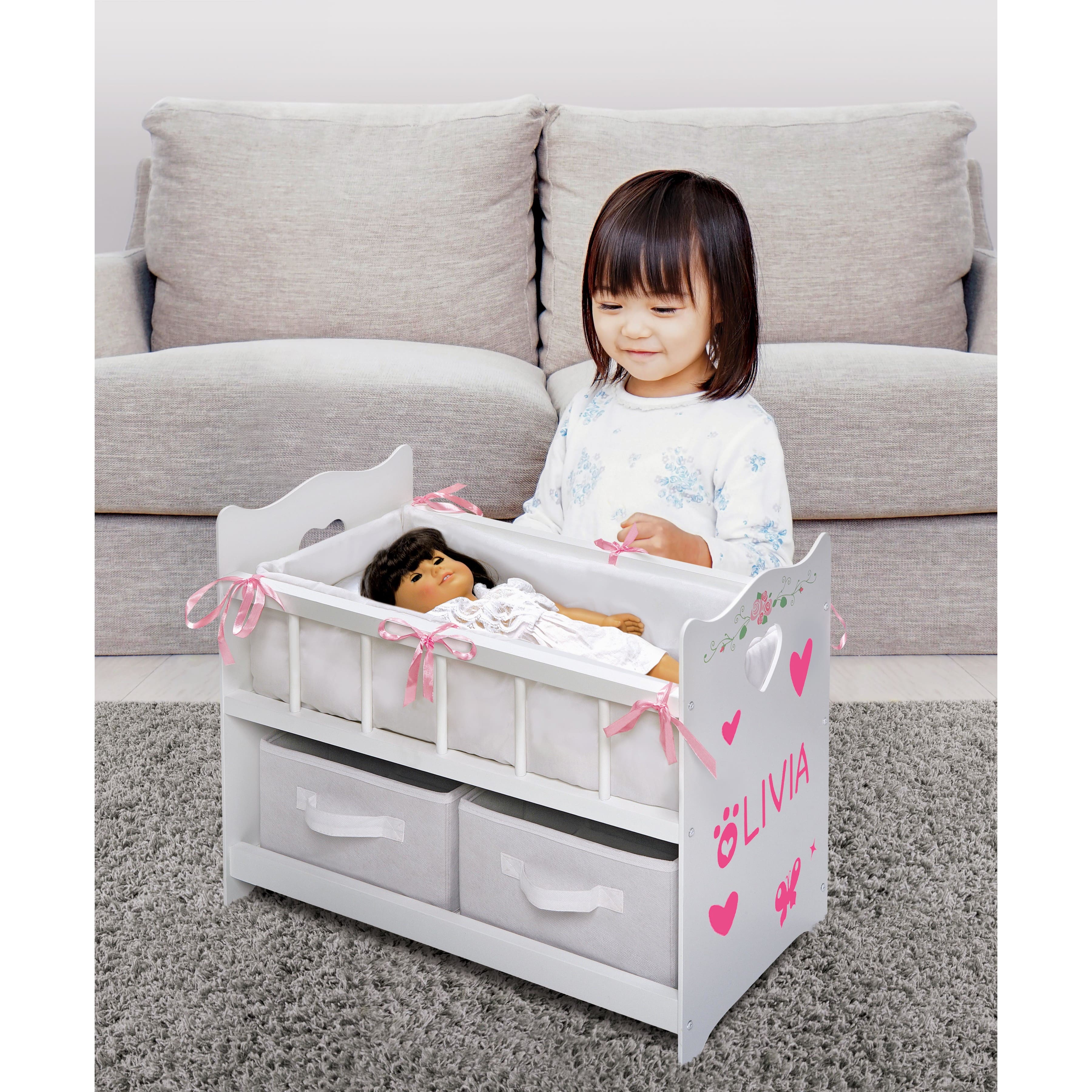Badger Basket White Rose Doll Crib with Bedding & Two Baskets