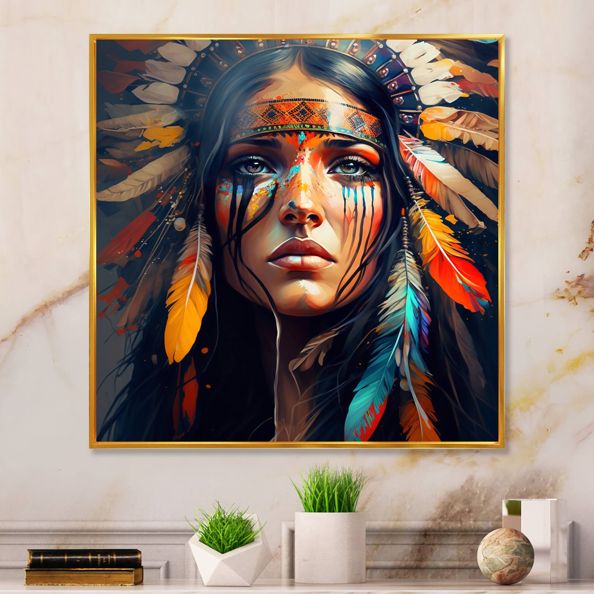 Designart 'Colorful Native American Woman VI' Contemporary Glam Framed Canvas Wall Art
