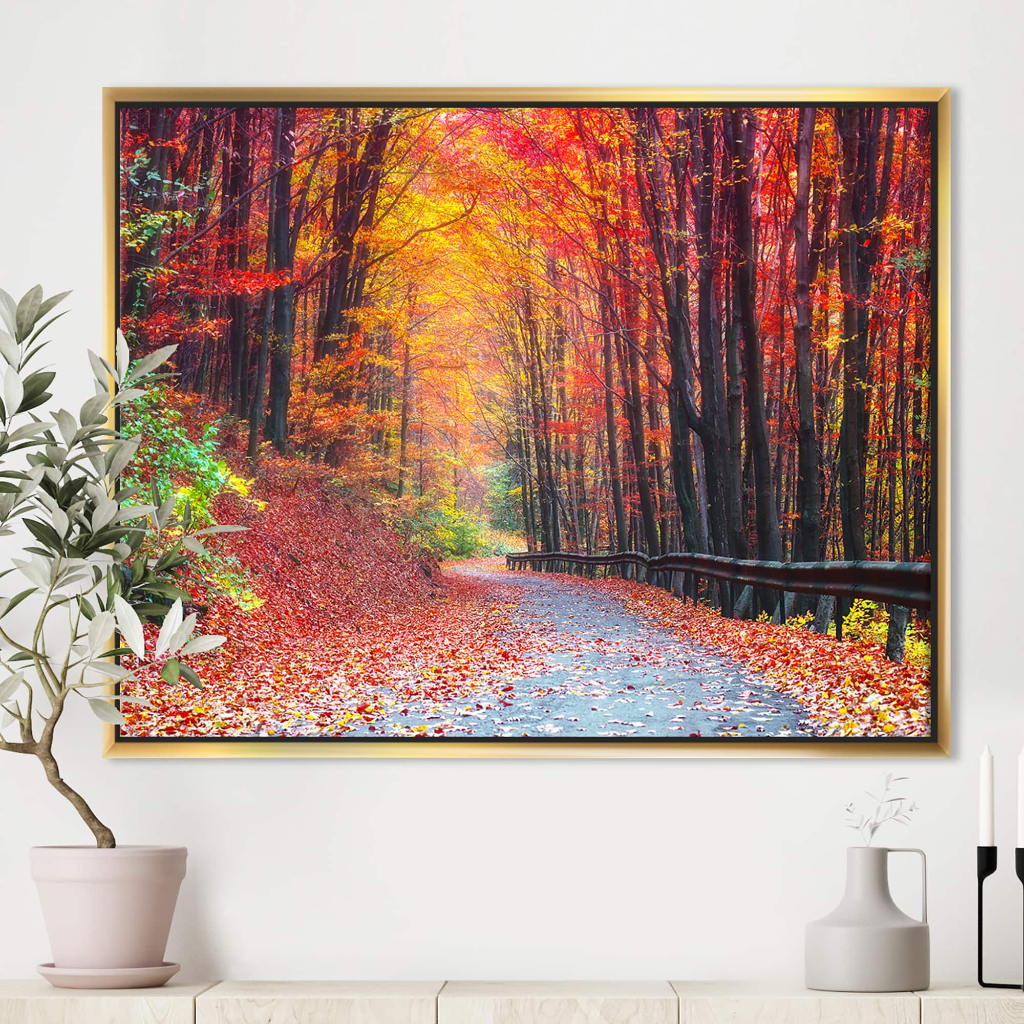 Designart - Road in Beautiful Autumn Forest - Modern Forest Framed Canvas Art