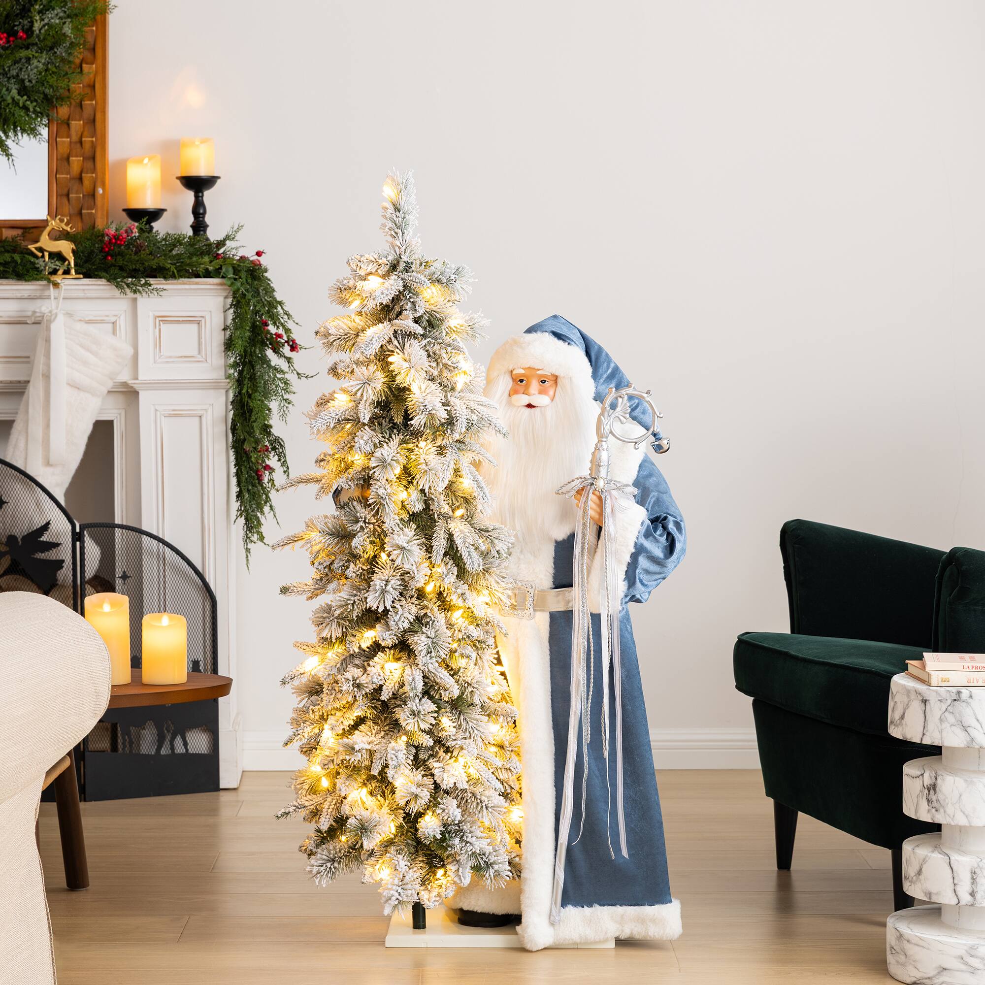 Glitzhome® 3.5ft. Oversized Deluxe Blue Christmas Santa with 4ft Lighted Flocked Artificial Christmas Tree