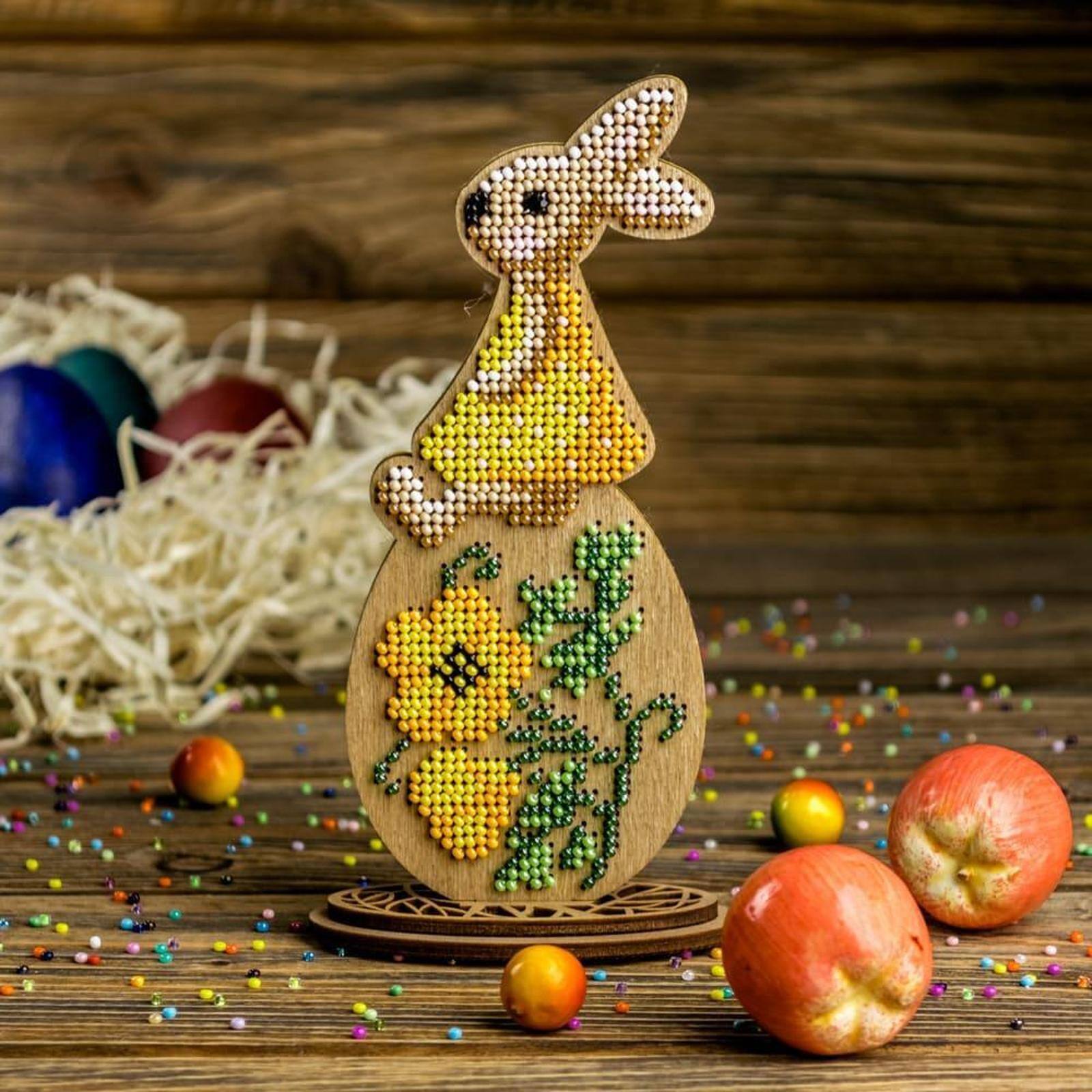 Wonderland Crafts Bunny Sitting on Yellow Egg Bead Embroidery on Wood Kit