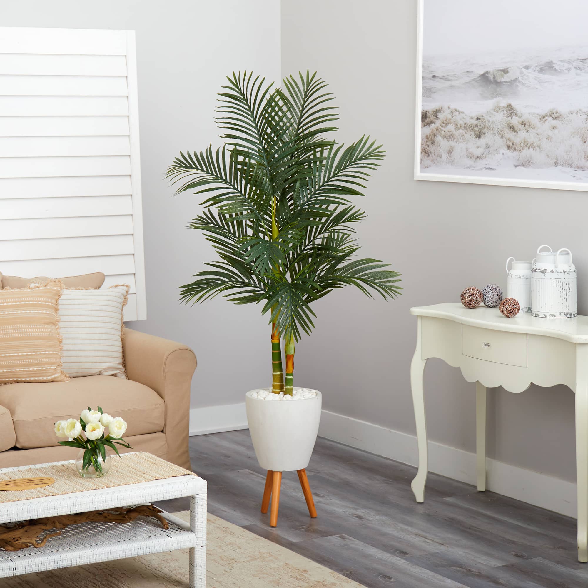 6ft. Golden Cane Artificial Palm Tree in White Planter with Stand