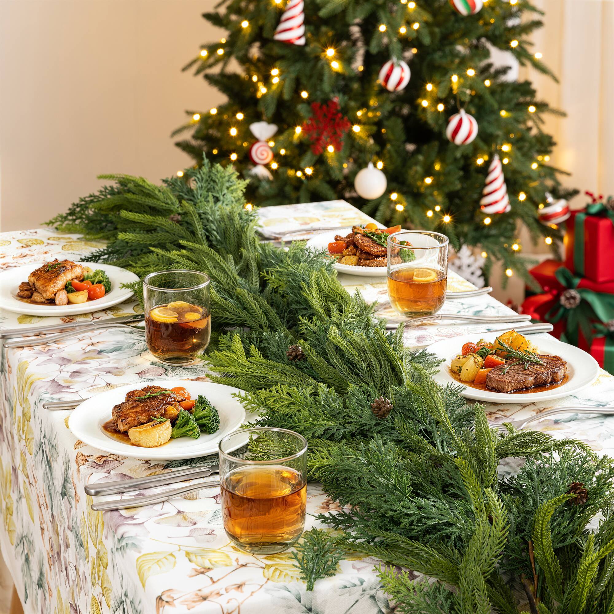 Glitzhome® 9ft. Christmas Full Greenery Mixed PE Dripping Garland with Pinecones, Set of 2