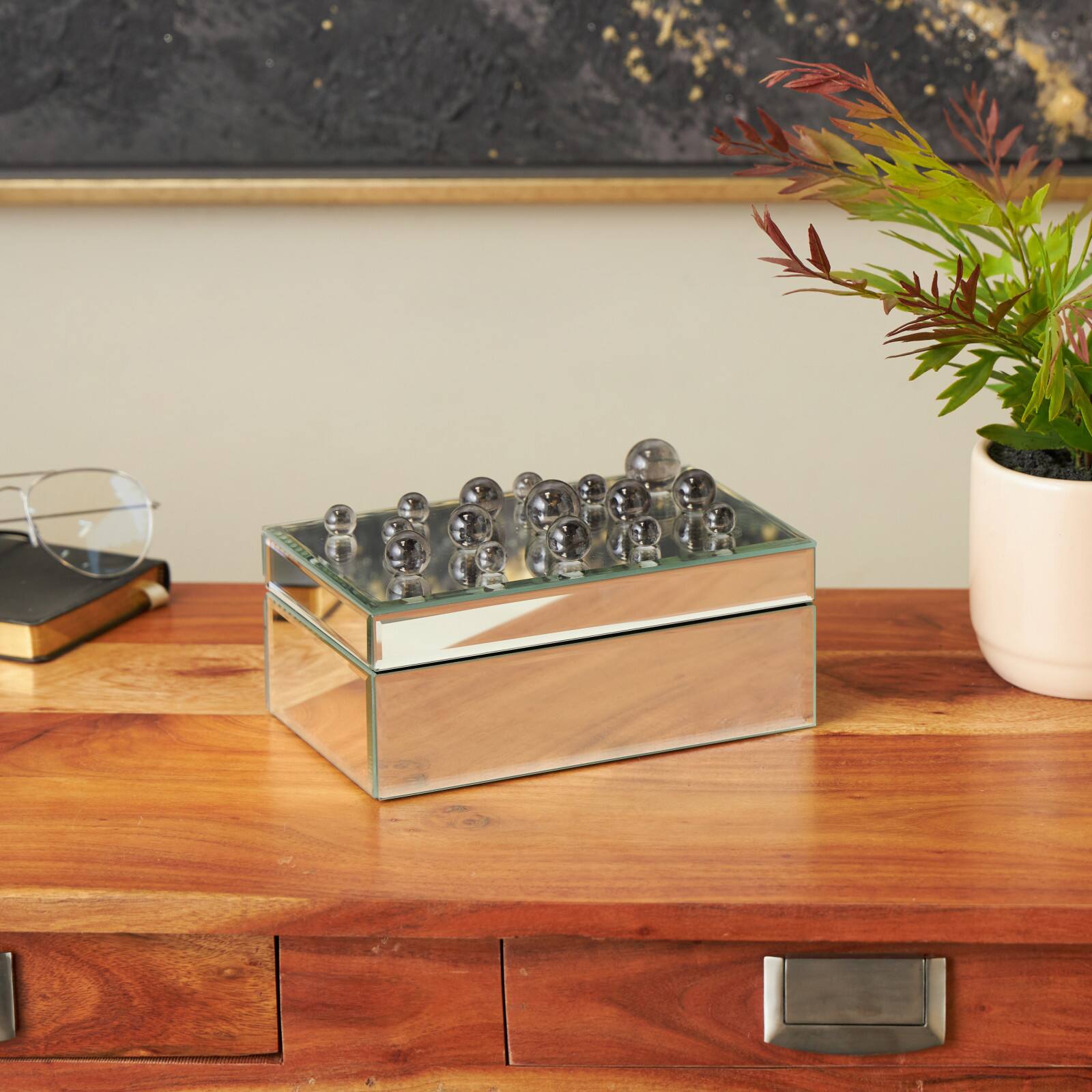 8.25" x 5" x 4.5" Silver Glass Mirrored Decorative Jewelry Box with Black Bubble Textured Balls