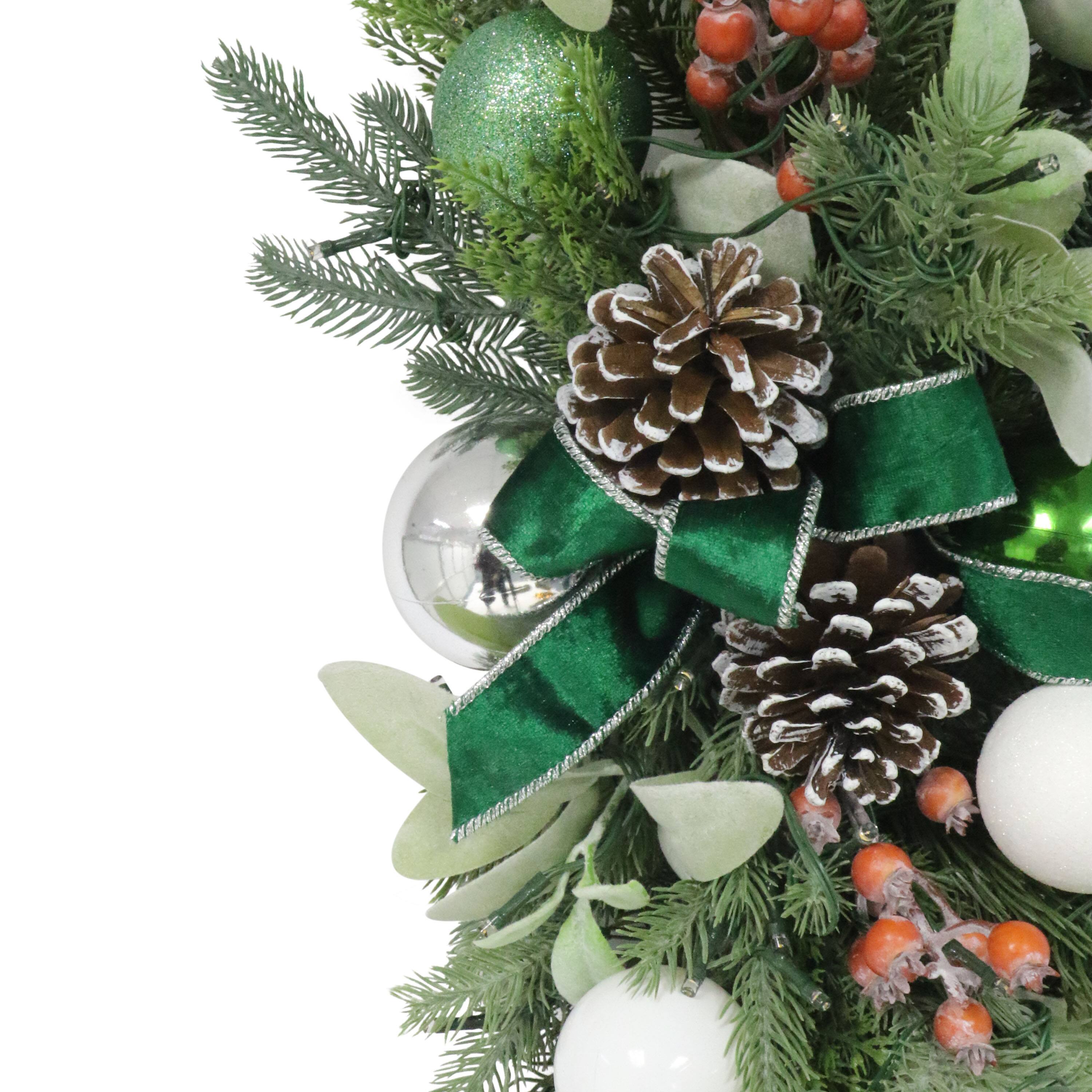 28" Pre-Lit Green & Silver Adorned Artificial Swag with Pinecones & Berries
