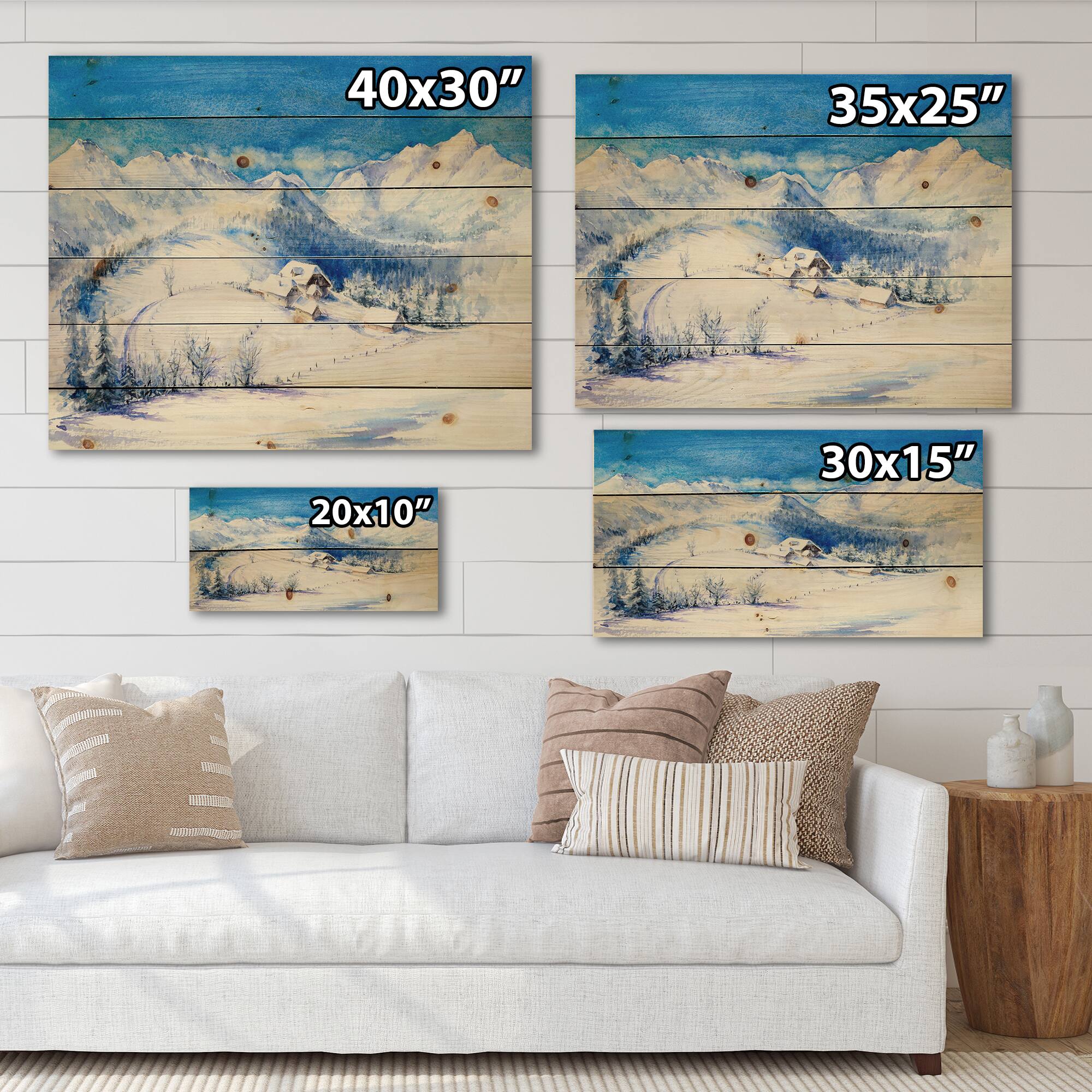 Designart - Winter Mountain Landscape With Wooden House - Traditional Print on Natural Pine Wood