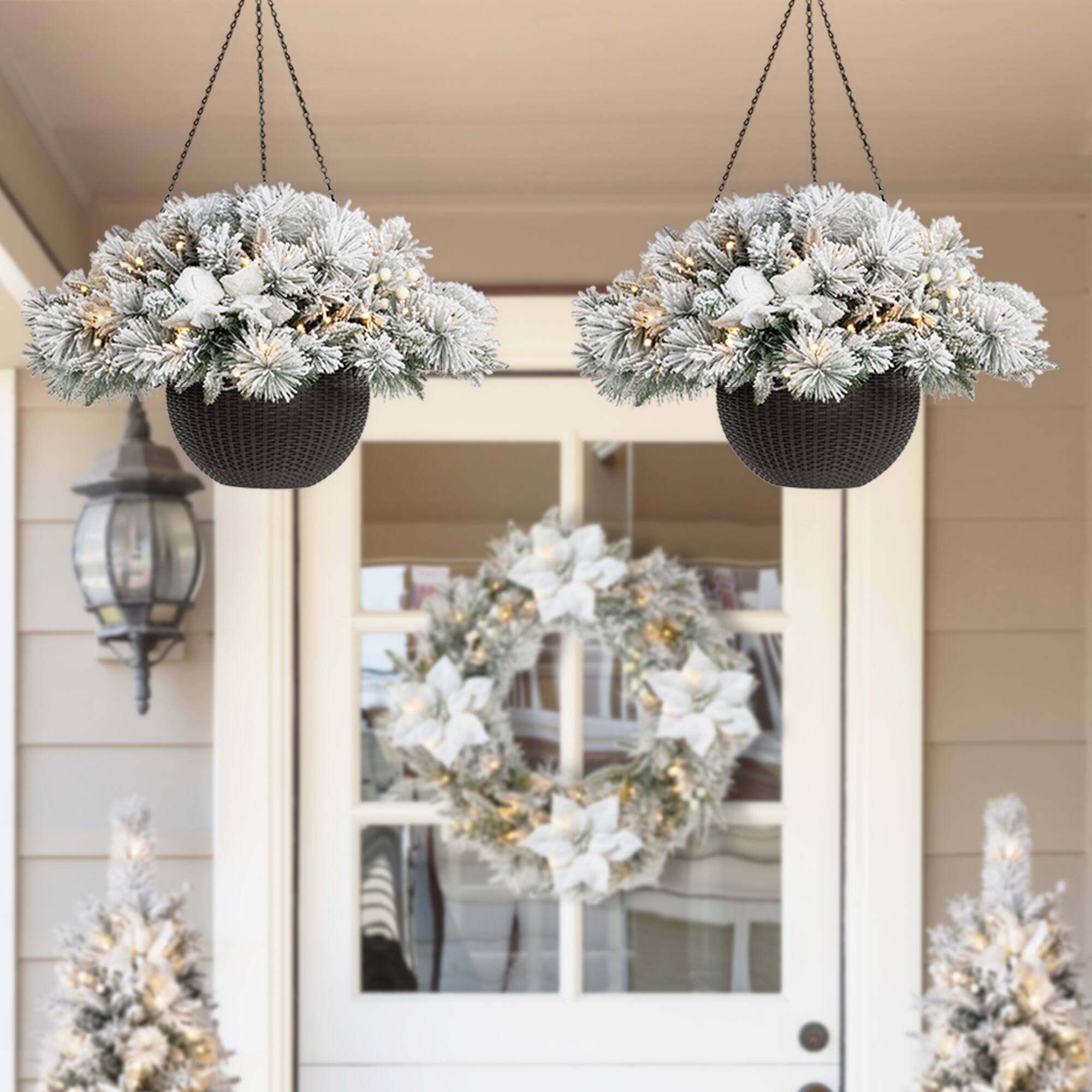 Glitzhome® 24" Pre-Lit Snow Flocked Christmas Artificial Pine Poinsettia Hanging Basket, White Lights