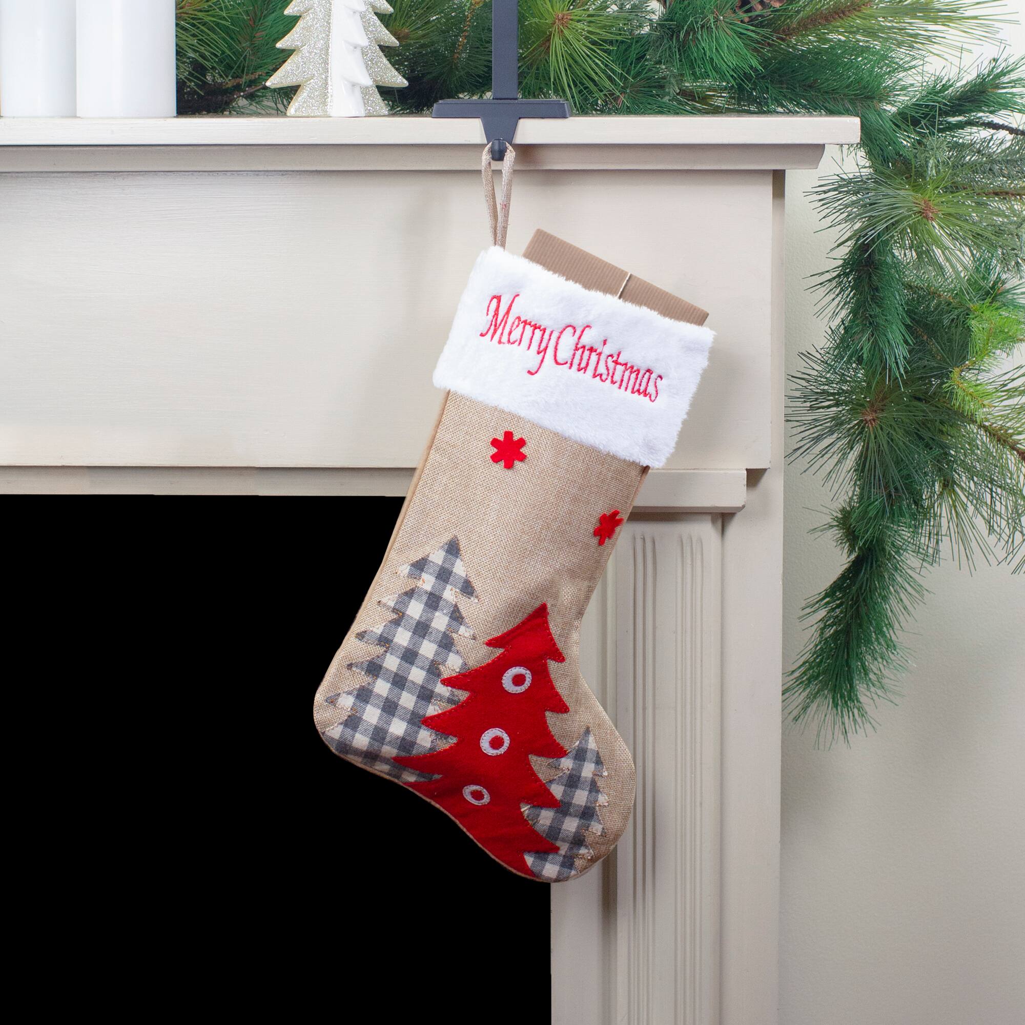 19" Beige & Red Burlap Happy Holidays Forest Trees Christmas Stocking