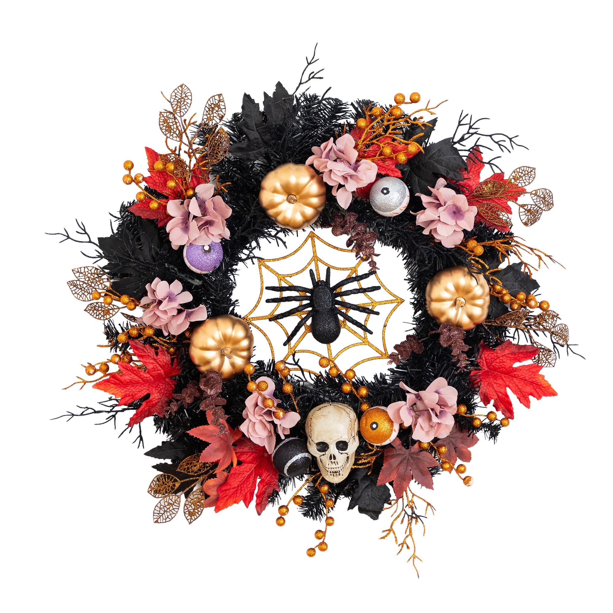 24" Artificial Halloween Wreath with Skulls, Spiders and Pumpkins