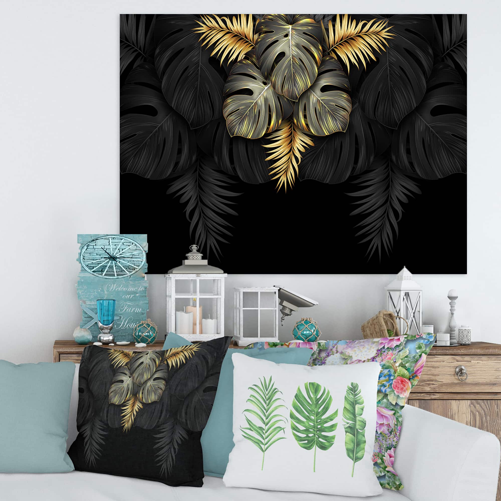 Designart - Black and Gold Tropical Leaves IV - Modern Canvas Wall Art Print