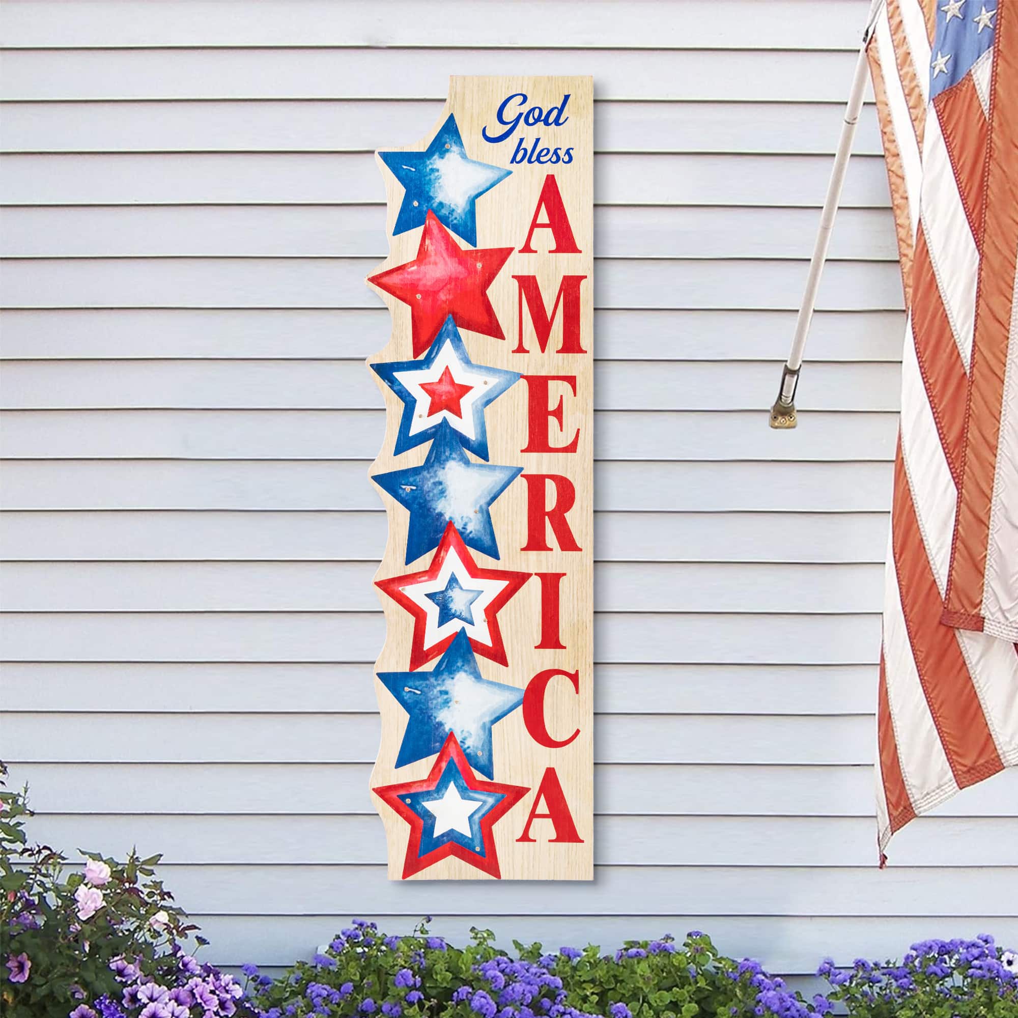 Glitzhome® 42" Lighted Patriotic Americana Wooden Stacked Stars Porch Sign with Timer