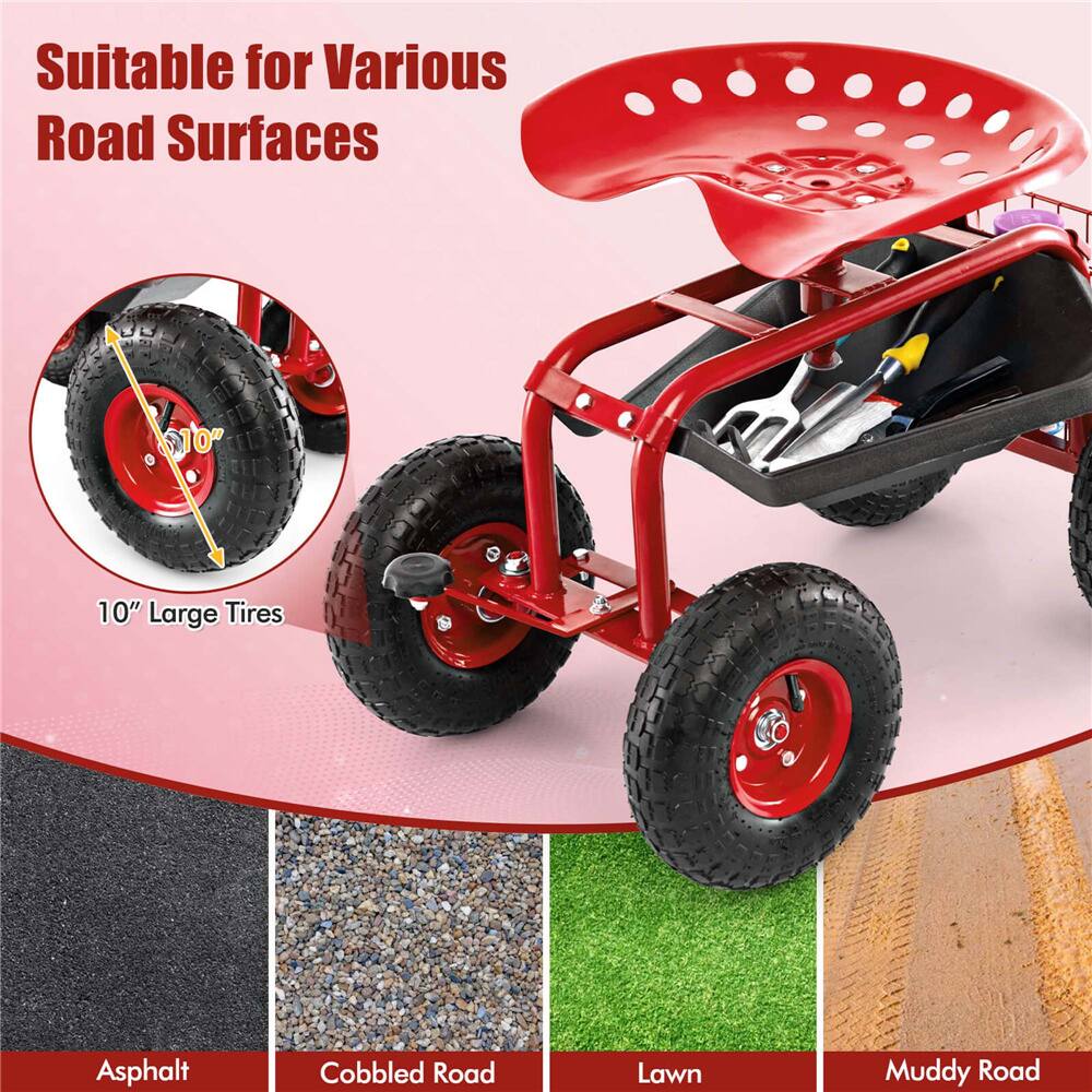 Costway Garden Cart Patio Wagon Rolling Work Seat with Tool Tray Basket