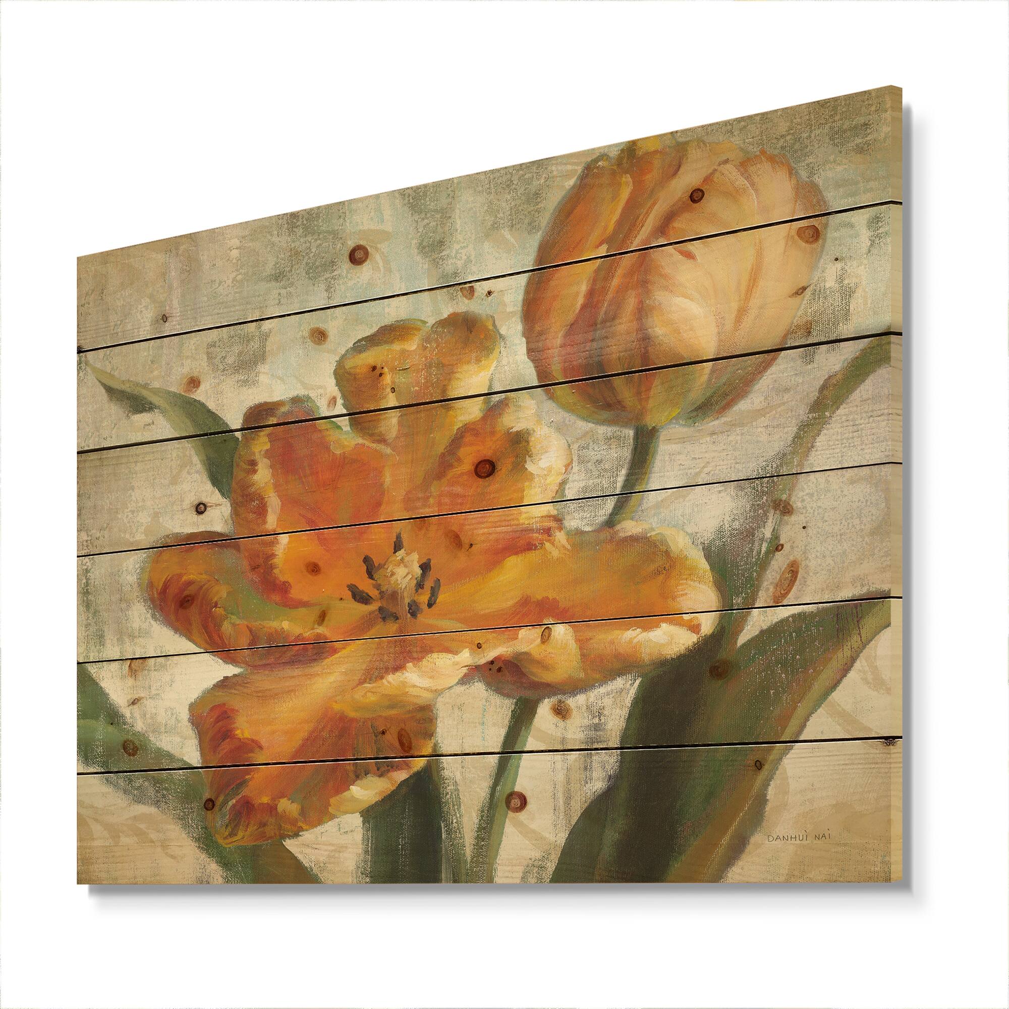 Designart - Parrot Tulips I on Ivory - Cabin & Lodge Print on Natural Pine Wood