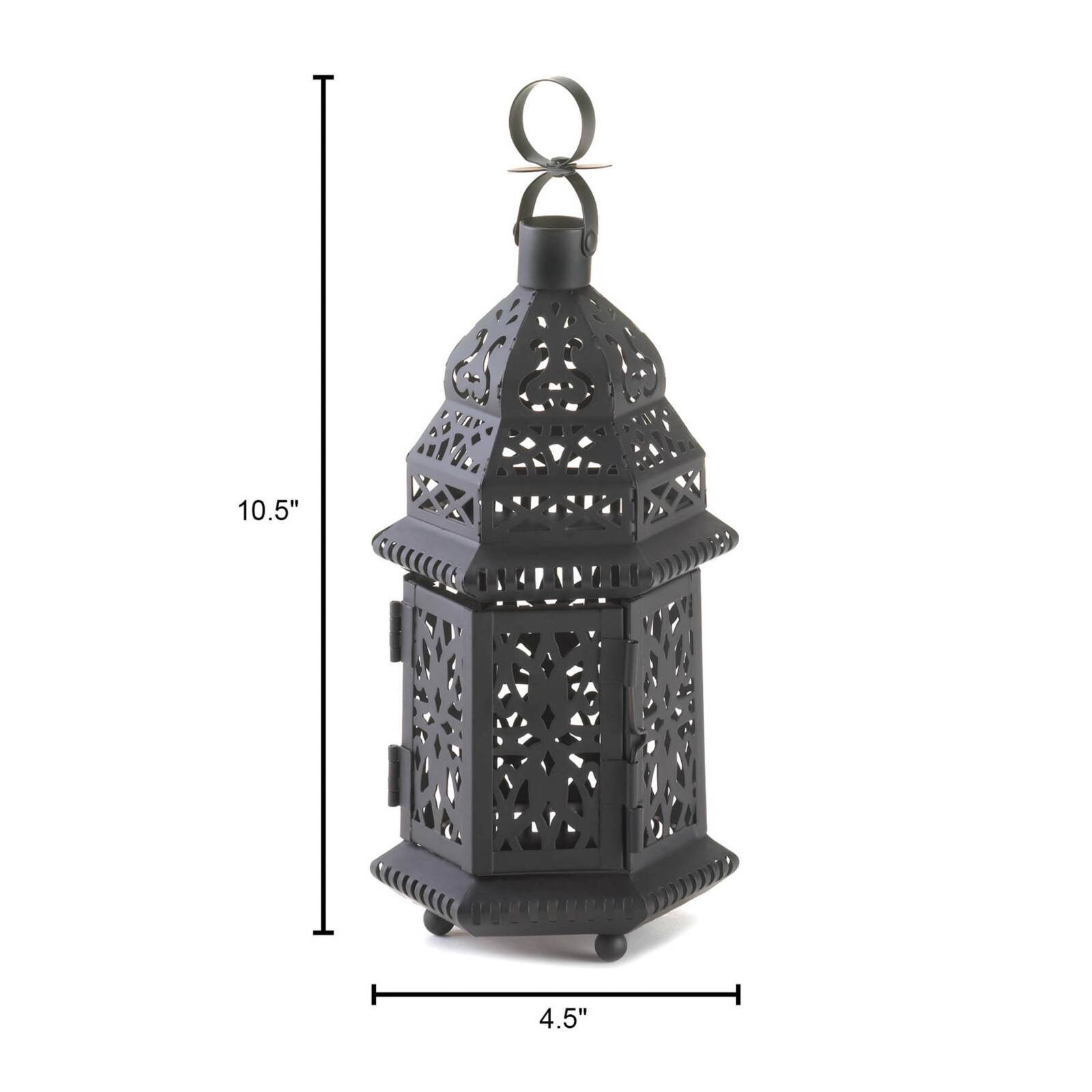 10.5" Black Metal Moroccan Style Candle Lantern with Intricate Cutouts