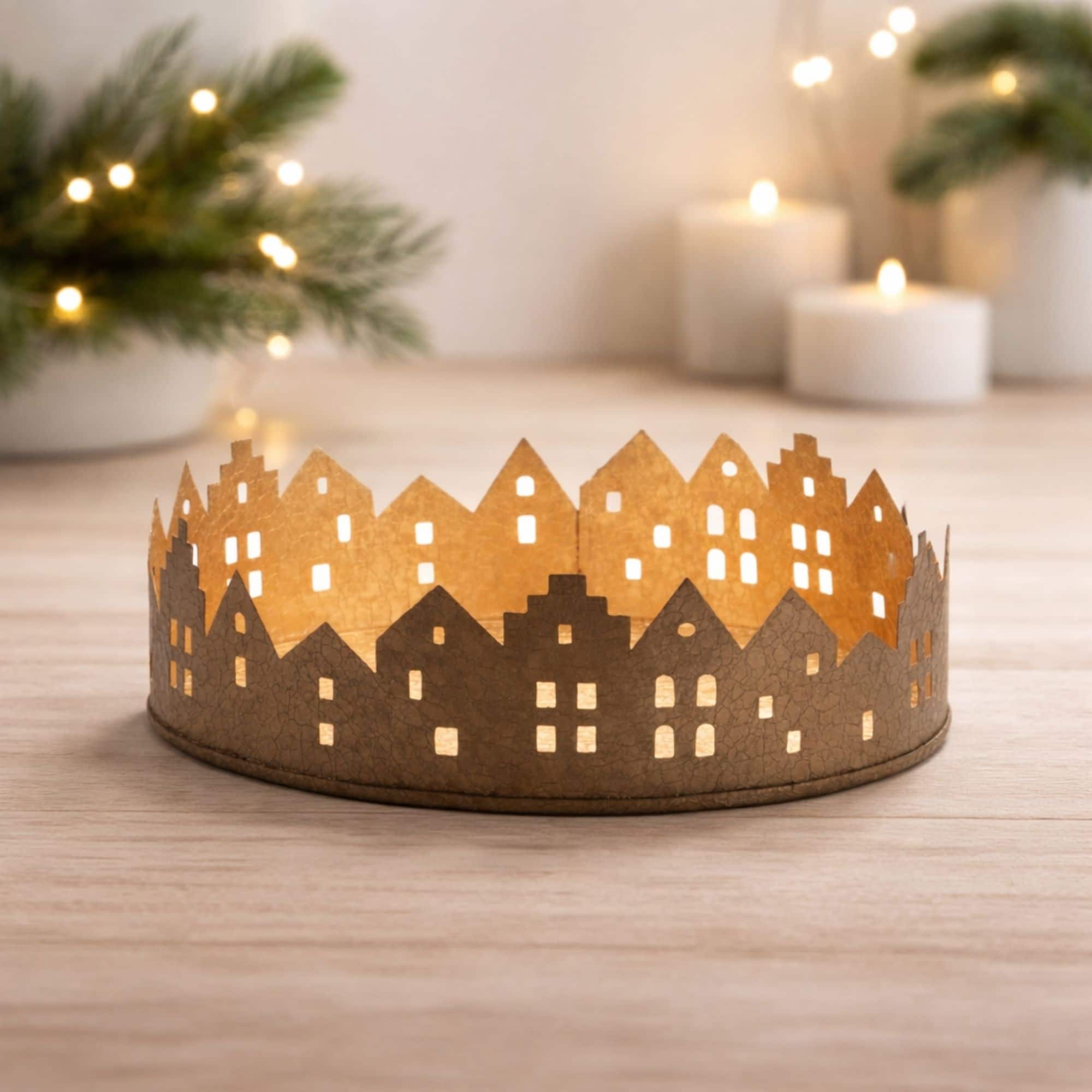 Melrose Gold Cut Metal Village Candle Holder