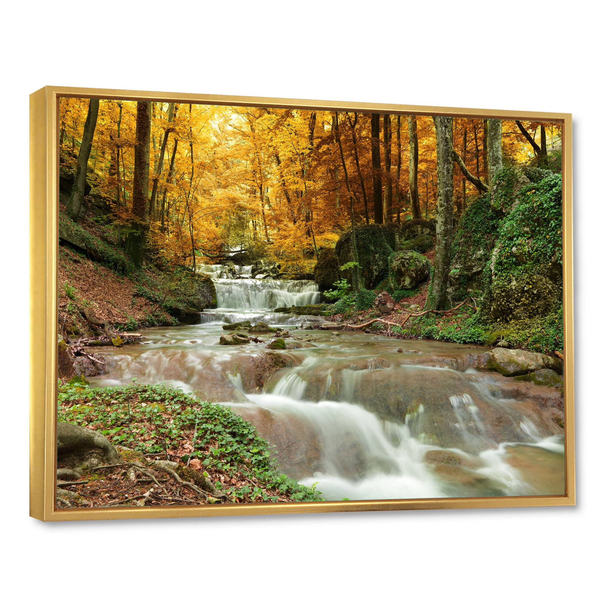 Designart - Forest Waterfall with Yellow Trees - Large Landscape Framed Canvas Art Print