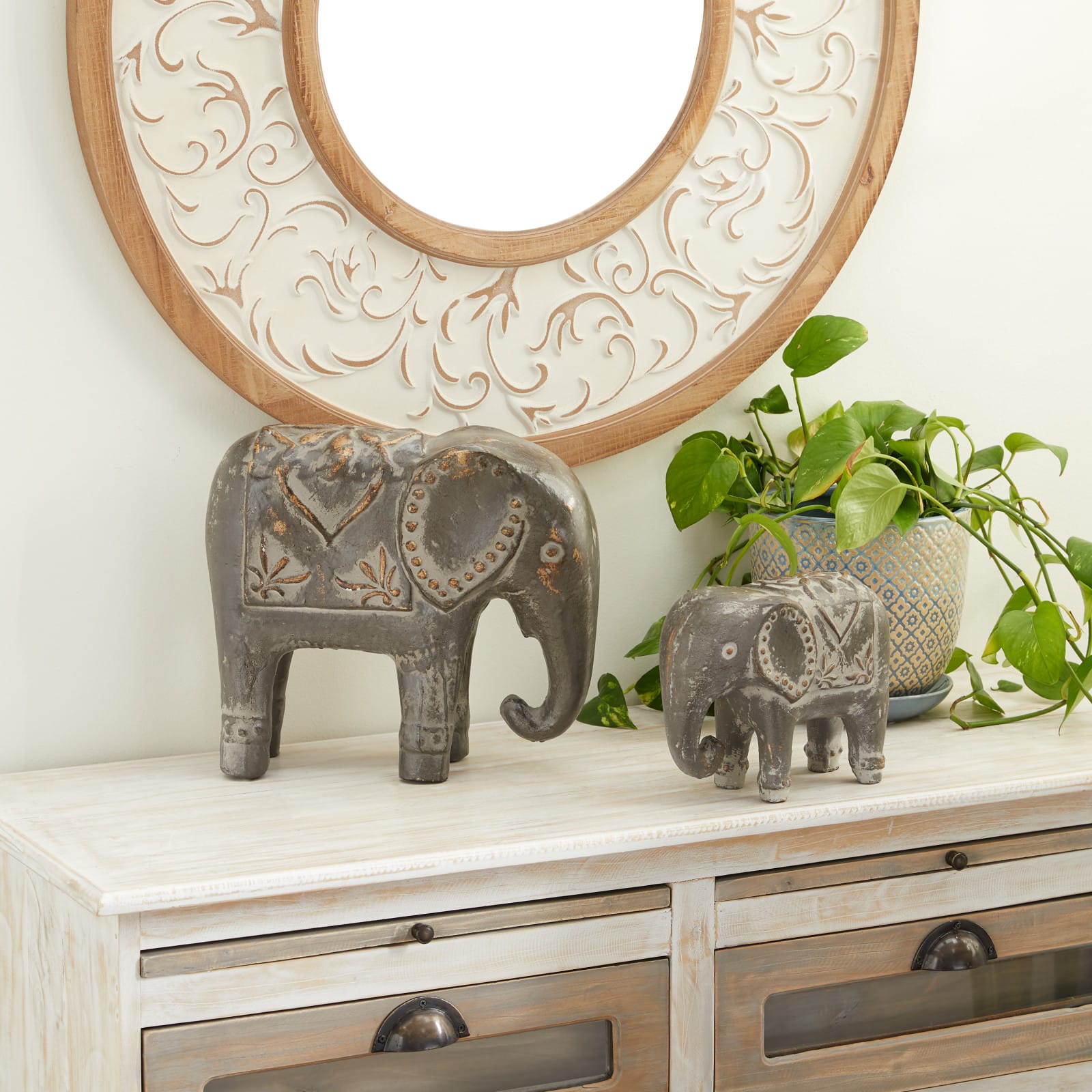 Brown Ceramic Eclectic Elephant Sculpture Set