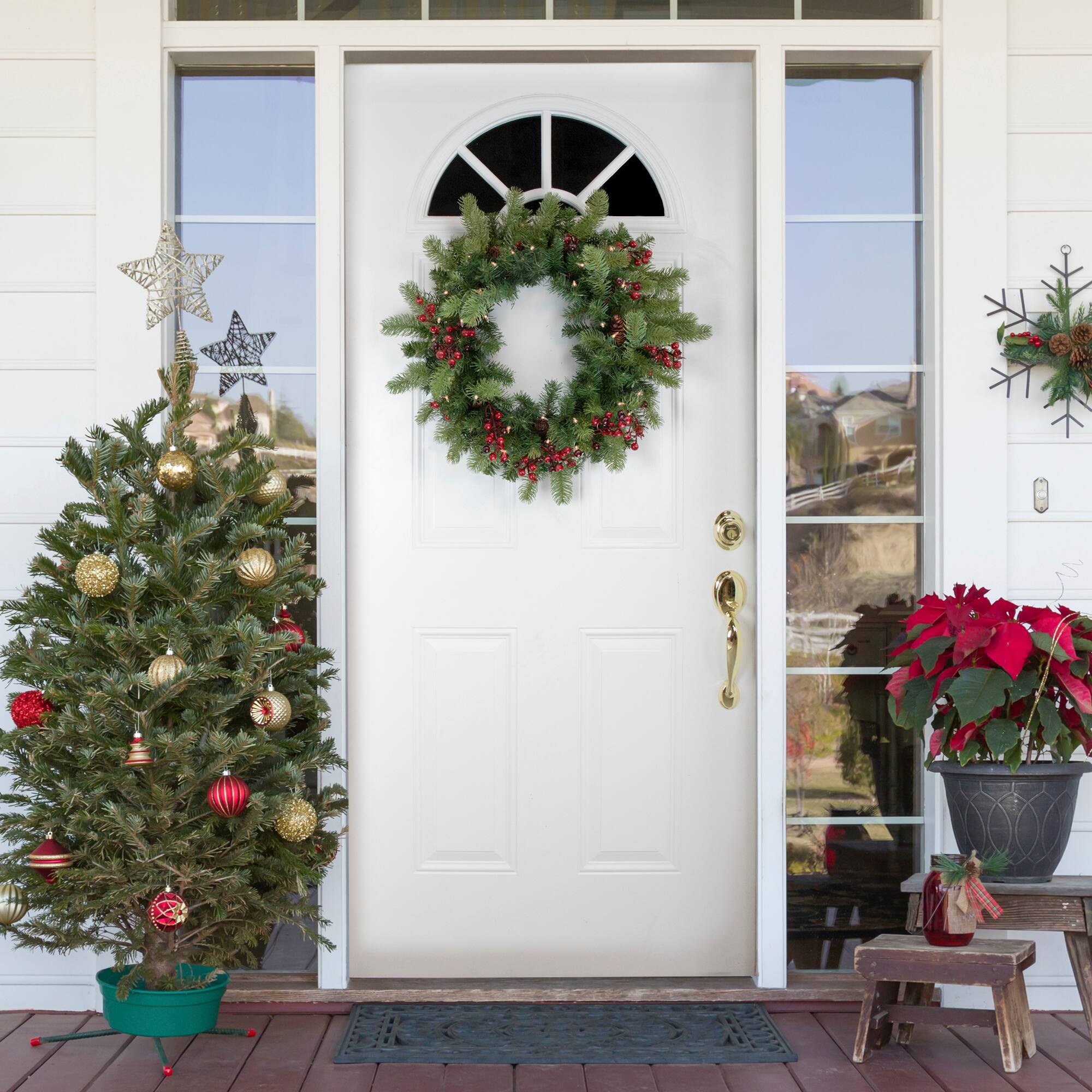 24" Pre-lit Noble Fir with Red Berries & Pinecones Artificial Christmas Wreath