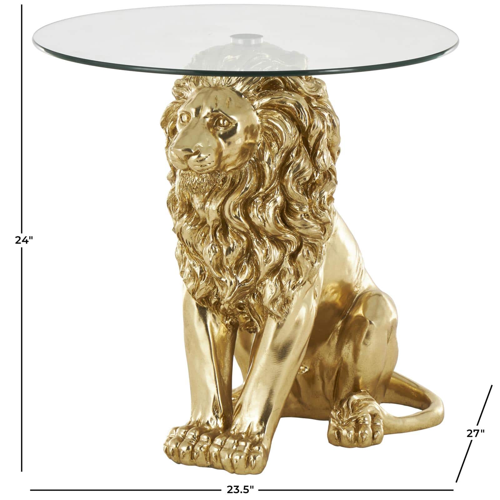 24" x 27" Gold Resin Lion Sitting Accent Table with Glass Tabletop