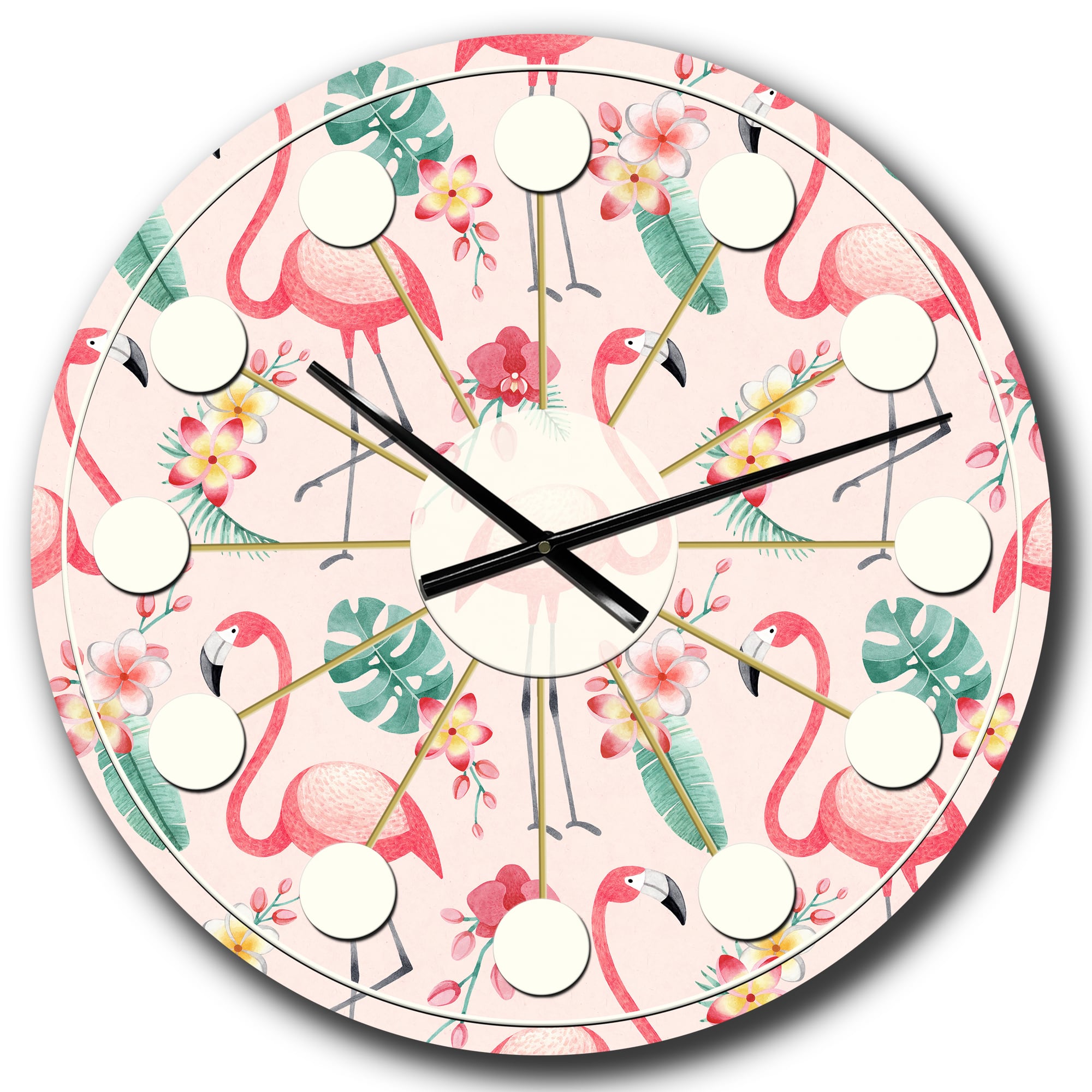 Designart 'Tropical Botanicals, Flowers And Flamingo Ii Mid-Century Modern Wall Clock