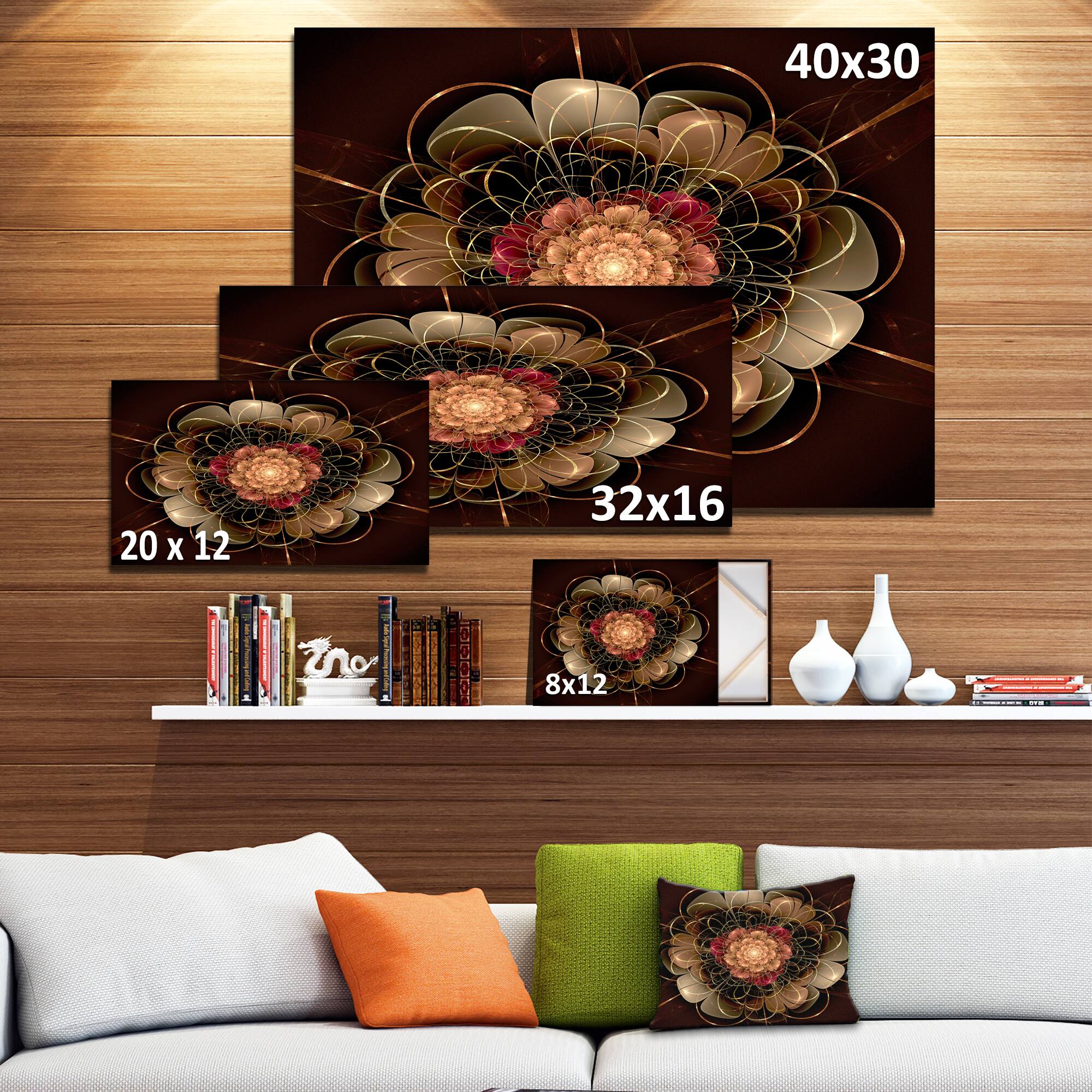 Designart - Dark Gold Red Fractal Flower Pattern - Extra Large Floral Wall Art
