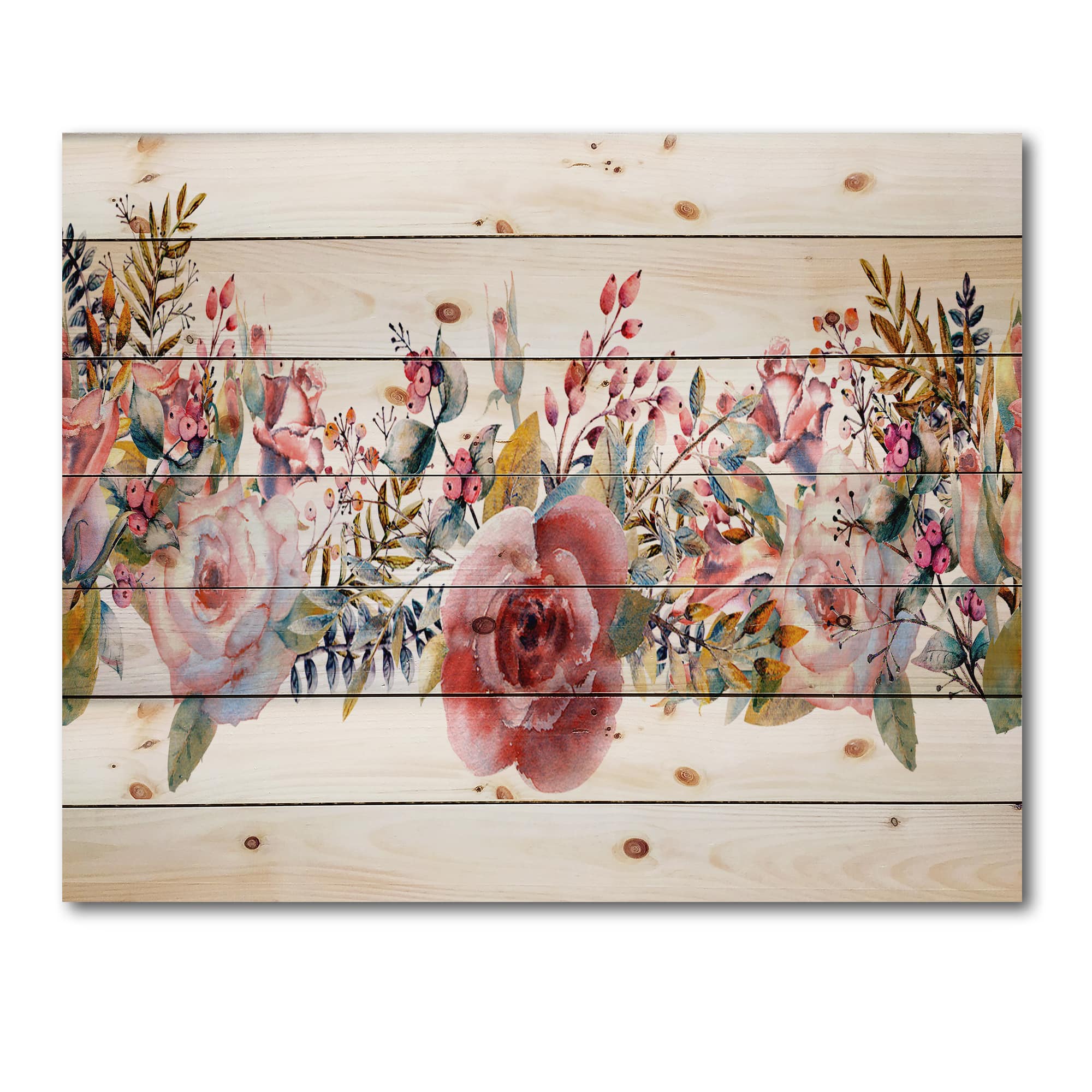 Designart - Pink Roses and Wildflower - Farmhouse Print on Natural Pine Wood
