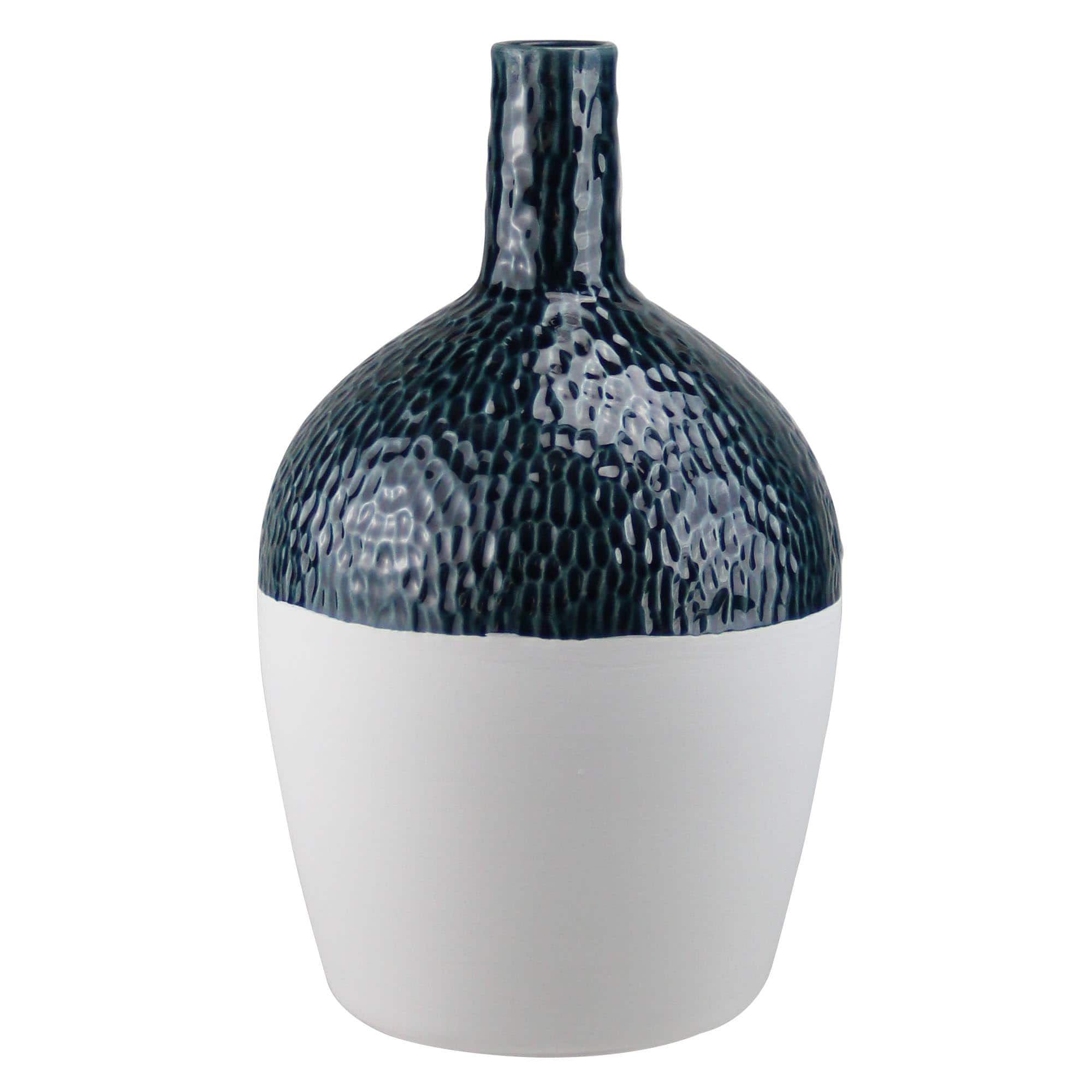 12" Botanic Beauty Wavy Ceramic Earthenware Vase, Dark Teal & White