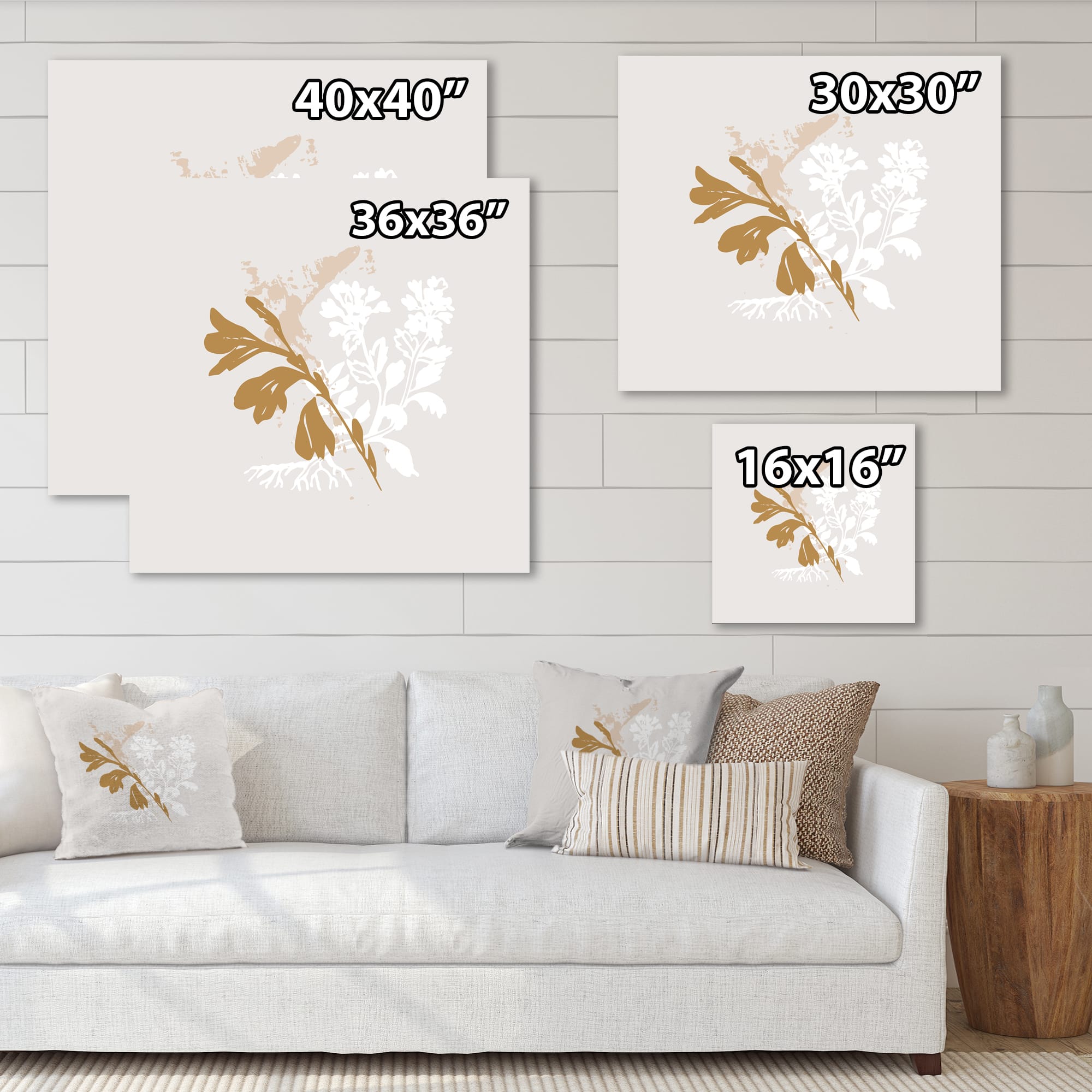Designart - Minimal Botanical Design In Brown and White - Traditional Canvas Wall Art Print