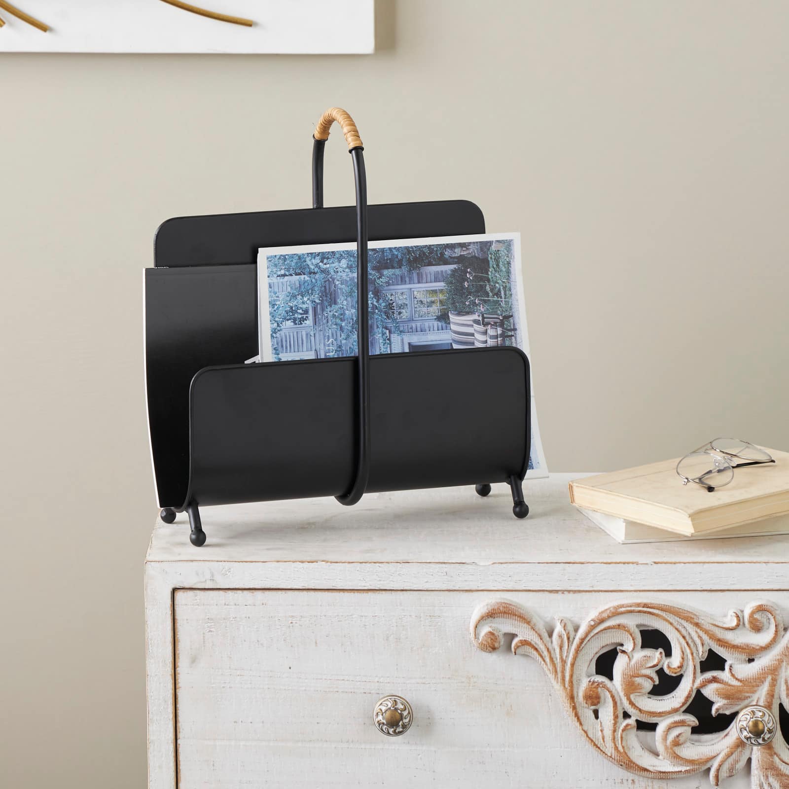 15" Black Metal Modern Decorative Magazine Holder with Loop Shaped Handle