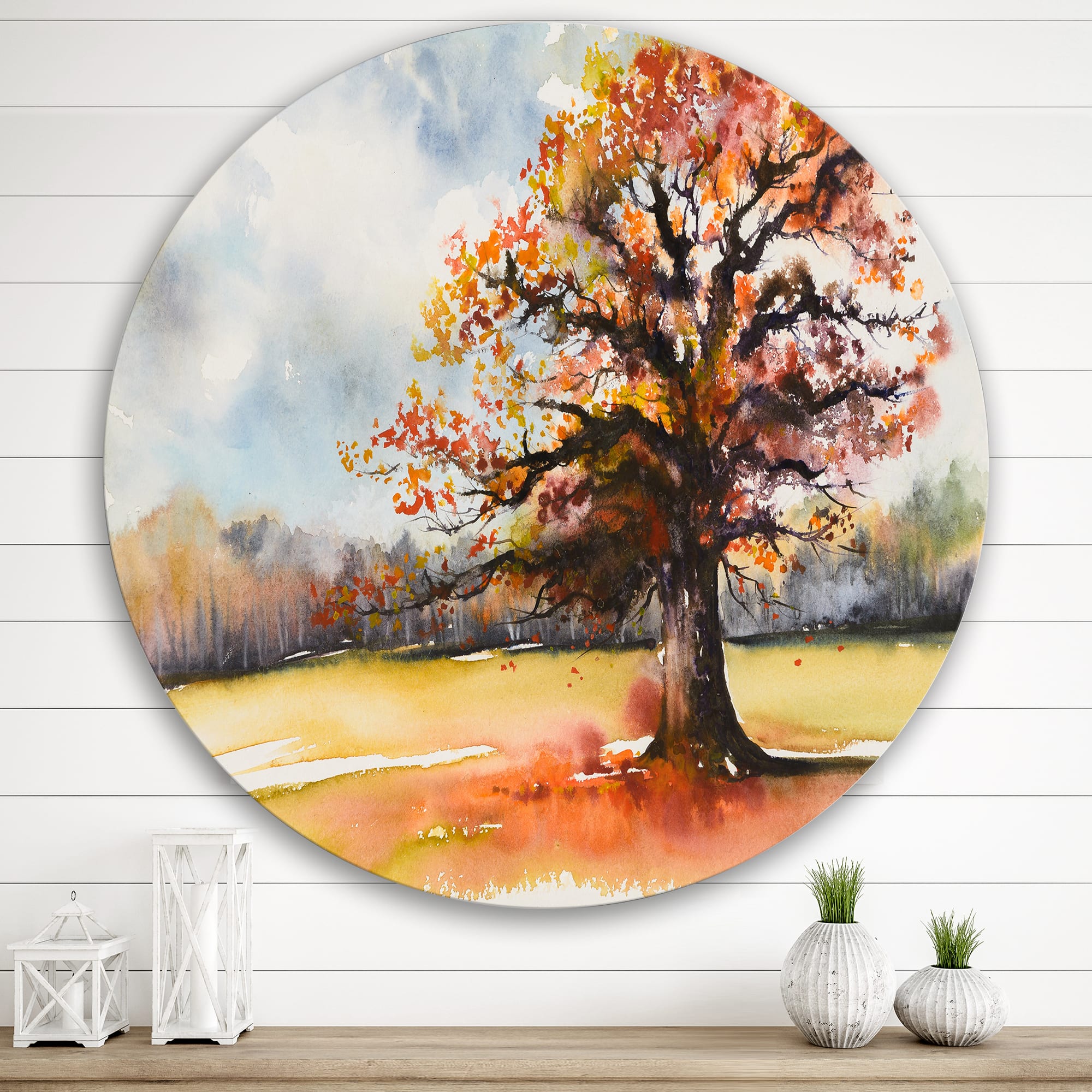 Designart - Lone Oak In The Fields With Autum Leaves - Traditional Metal Circle Wall Art