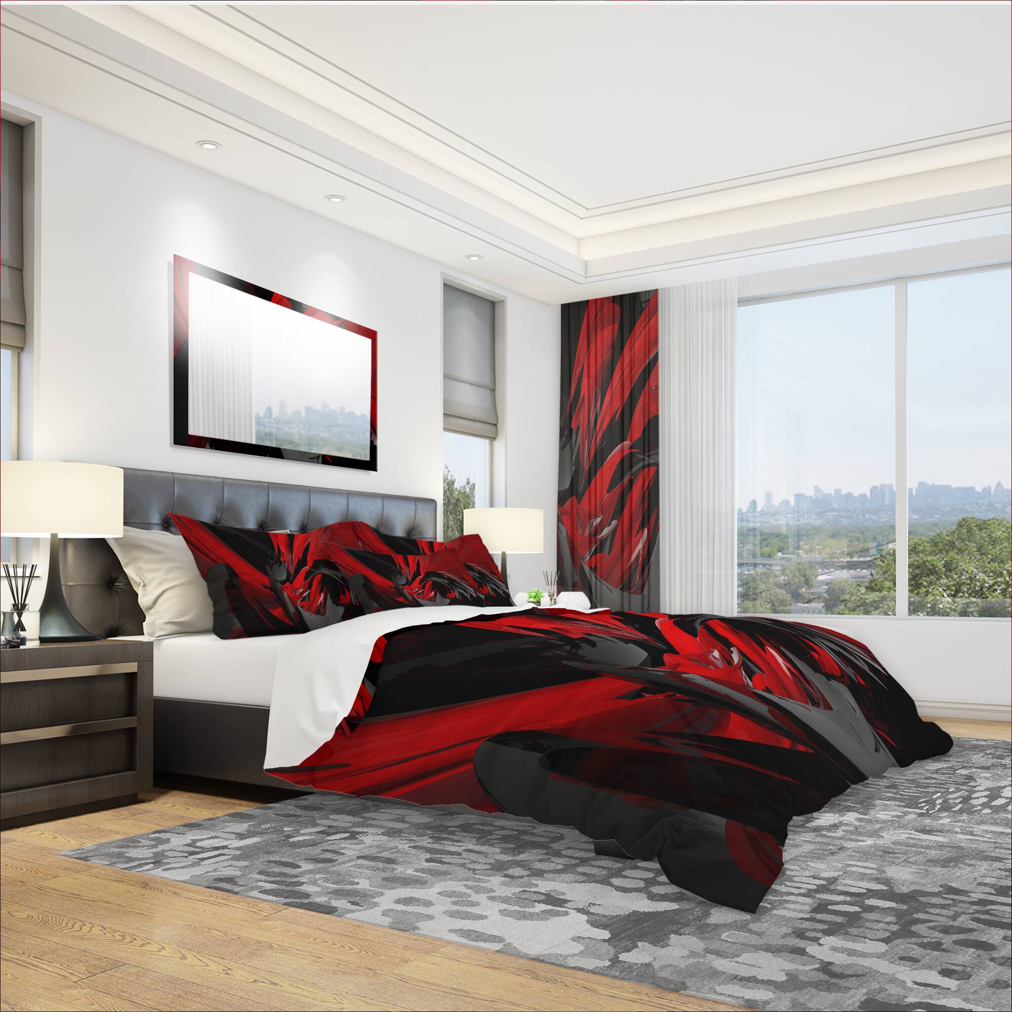 Designart Red & Gray Mixer Modern & Contemporary Duvet Cover & Shams Bedding Set