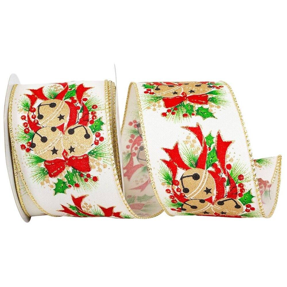 JAM Paper 2.5" x 10yd. Ivory & Gold Christmas Bells & Holly Glitter Wired Edge Ribbon