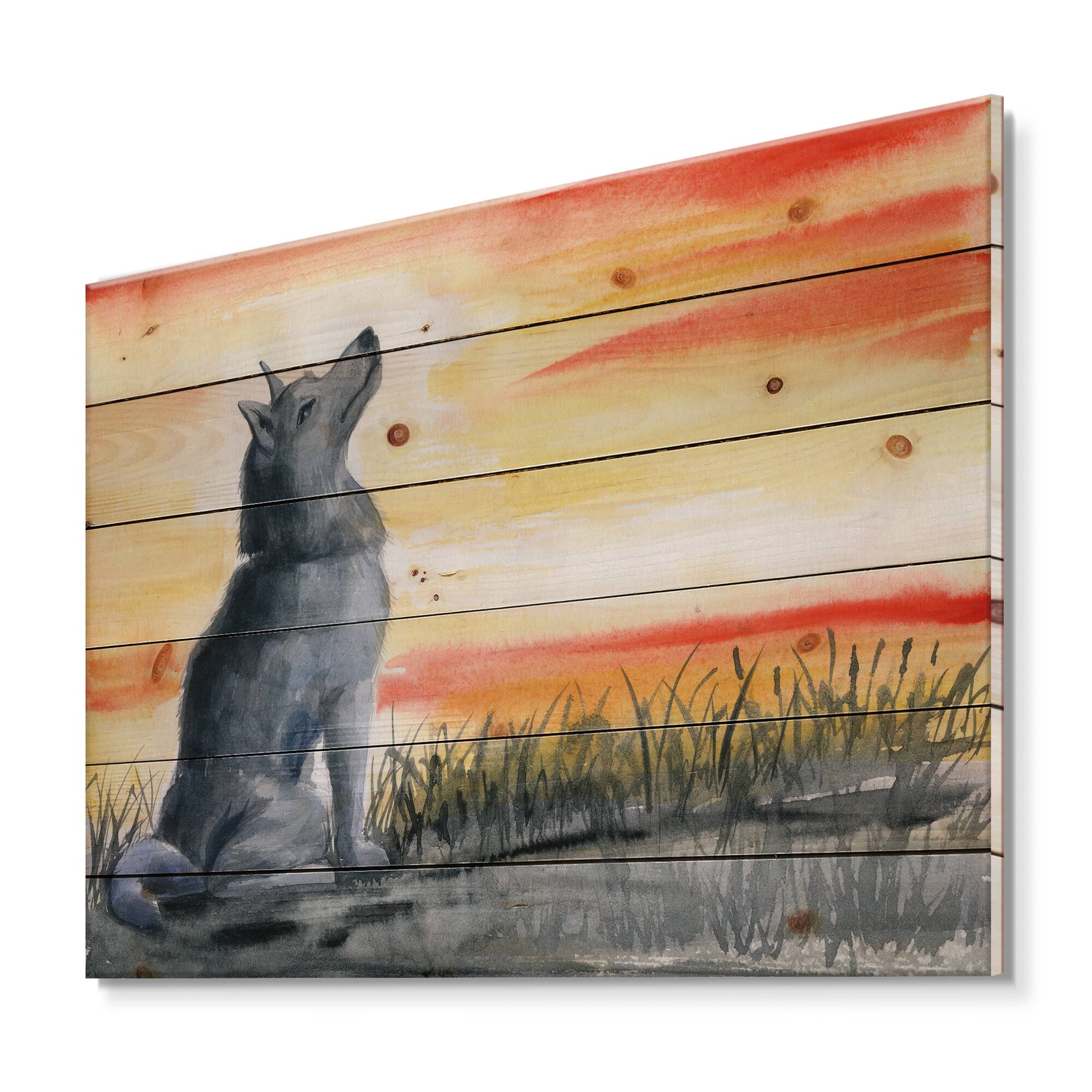 Designart - Grey Wolf Howling At The Moon - Traditional Print on Natural Pine Wood