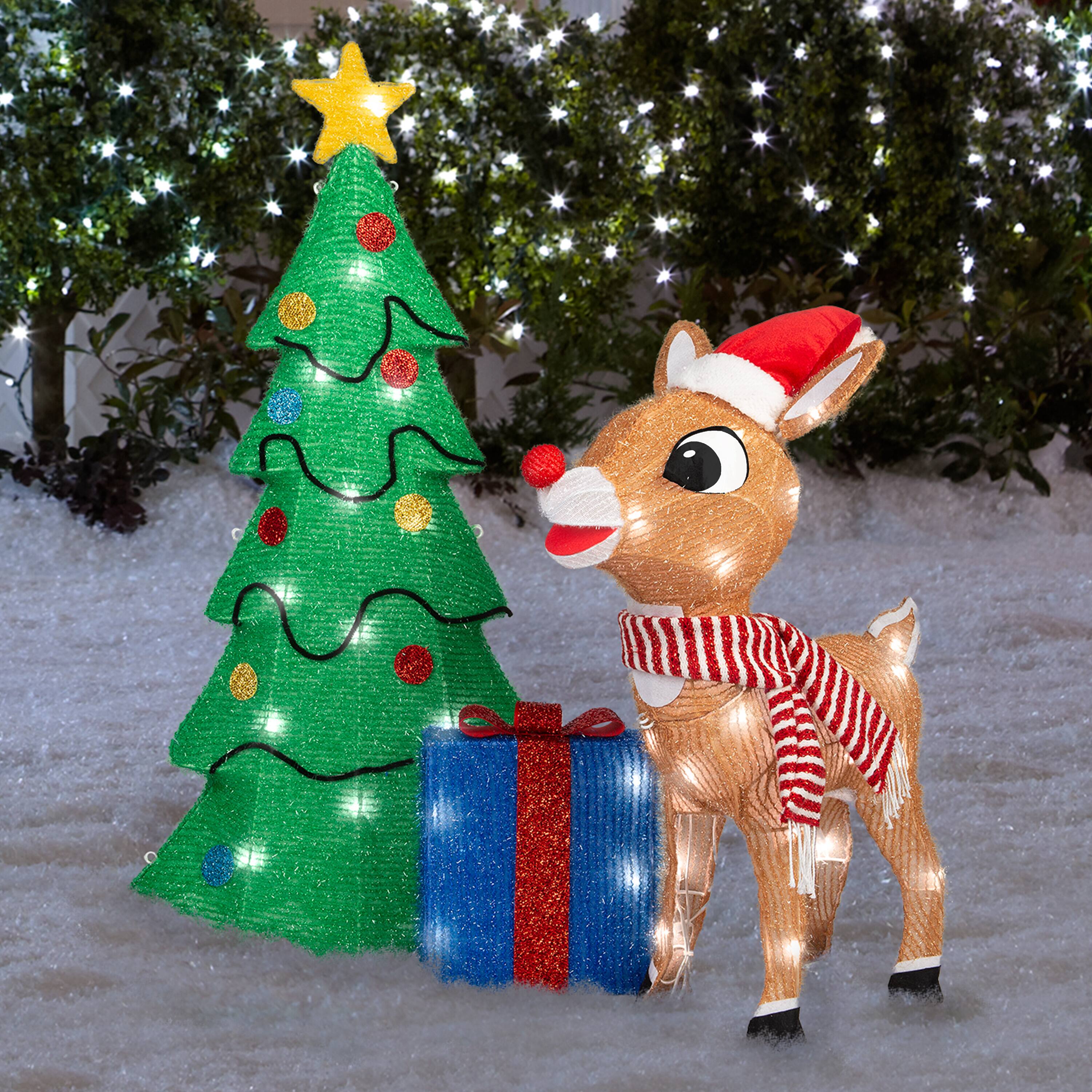 35" Rudolph Scene with Tree & Presents 3D Holiday Lighted Tinsel Sculpture Christmas Décor