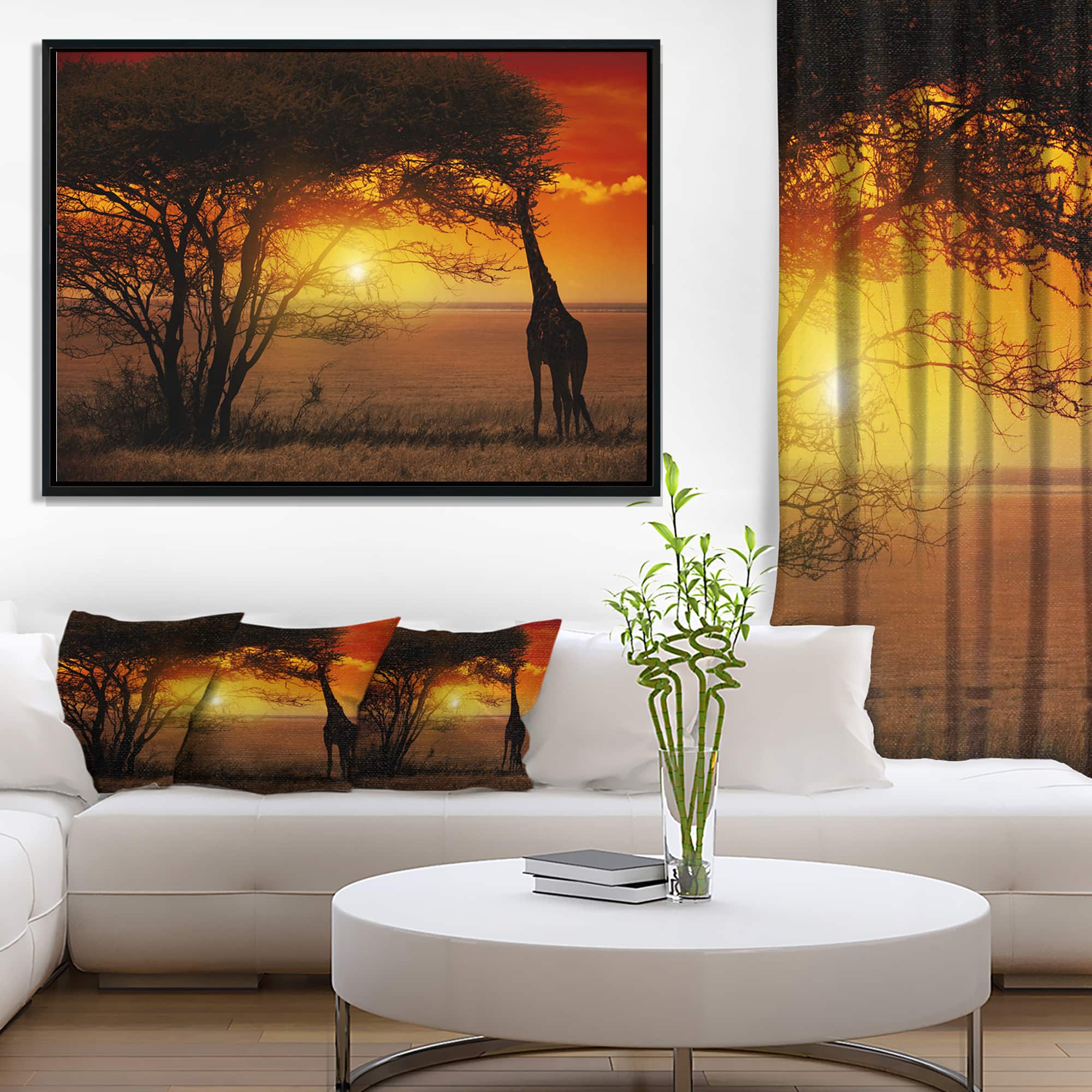 Designart - Typical African Sunset with Giraffe - Oversized African Landscape Framed Canvas Art