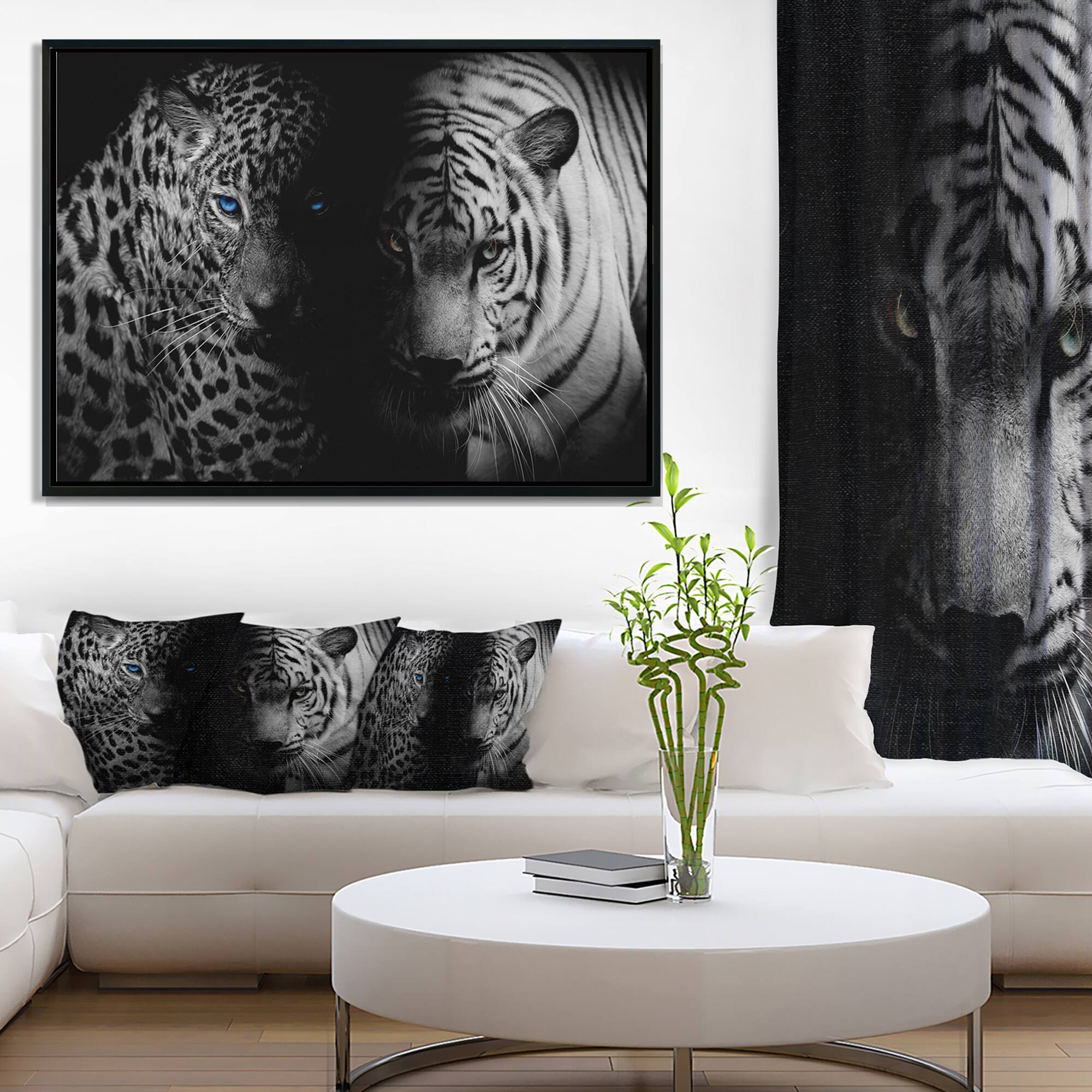 Designart - Leopard and Tiger in Black - Animal Framed Canvas Art Print