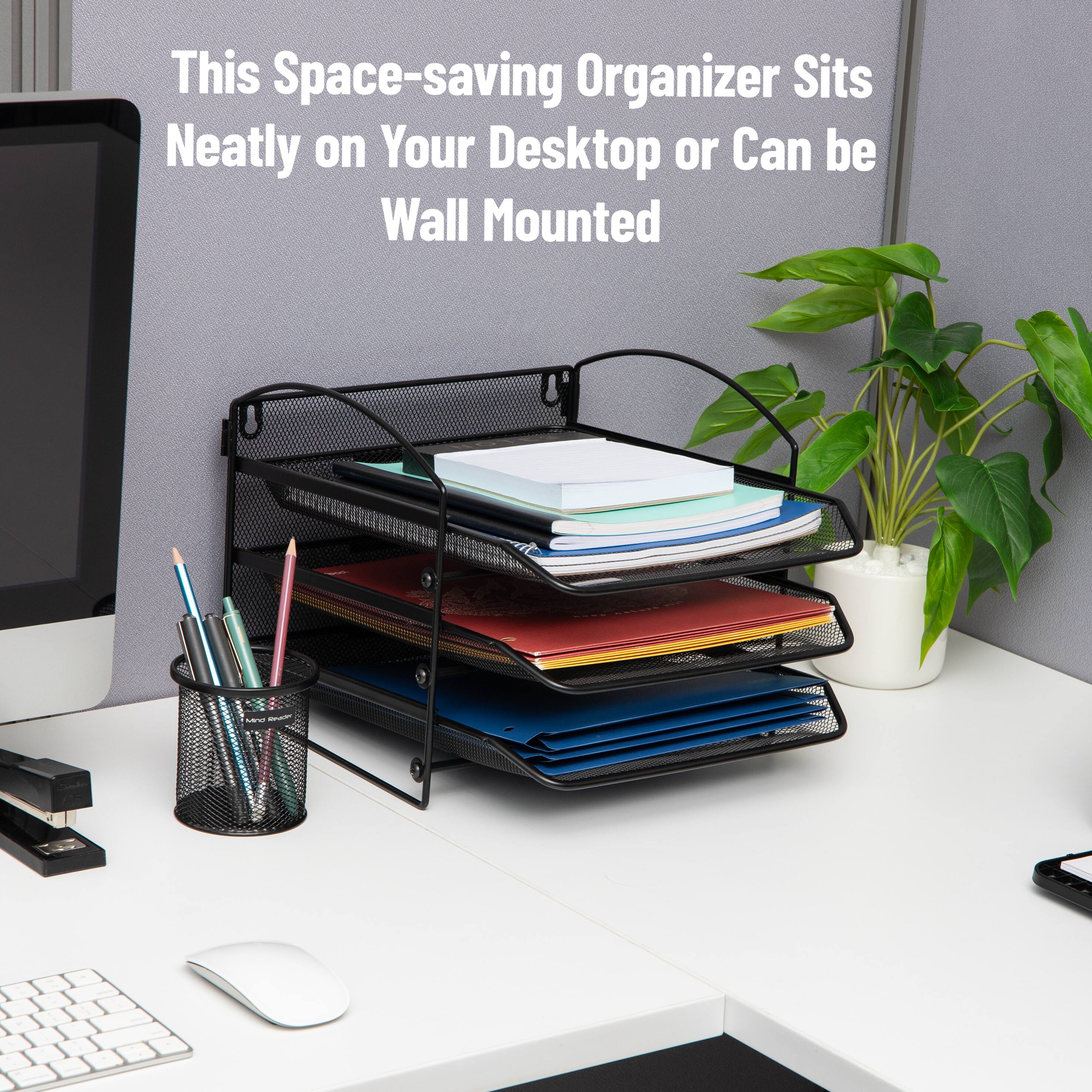 Mind Reader 3-Tier Paper Tray, Desktop Organizer, Wall Mountable, Office, Metal Mesh, 11.5"L x 14.25"W x 9.75"H, Black