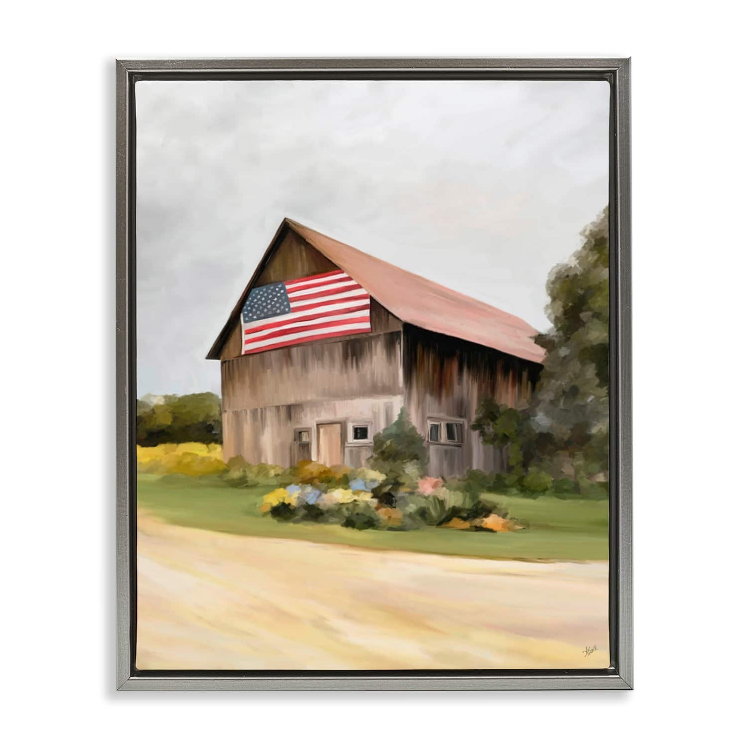 Stupell Industries Rural Americana Home Countryside Farm Flag Painting Floater Framed Art