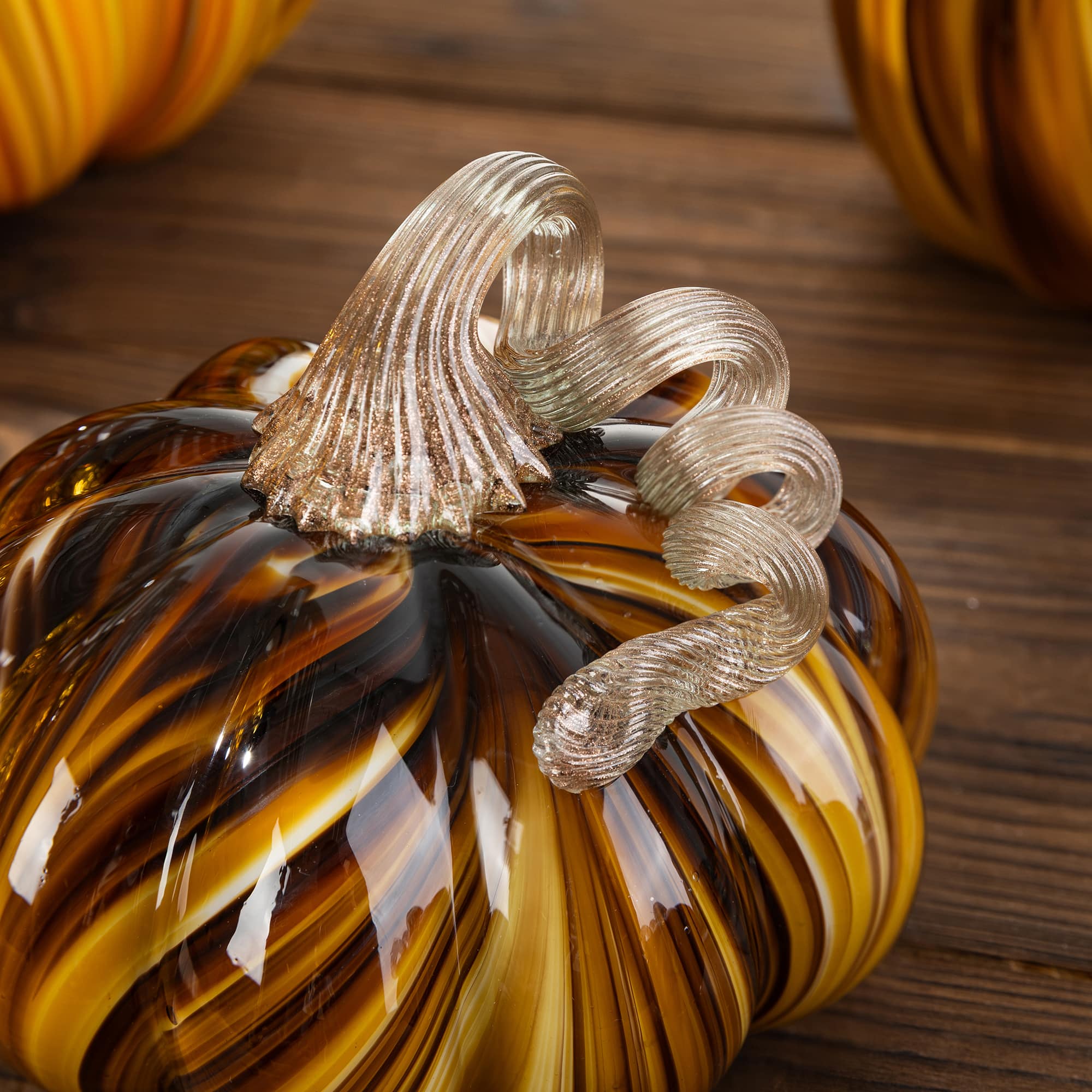 Glitzhome® 5.75" Multi Brown Striped Glass Pumpkin Fall Table Decor