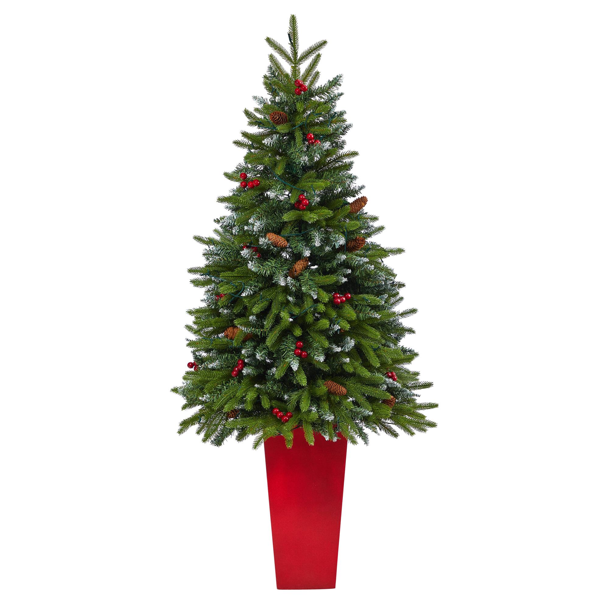 5ft. Pre-Lit Snow Tipped Portland Spruce Artificial Christmas Tree  in Red Tower Planter, Clear LED Lights