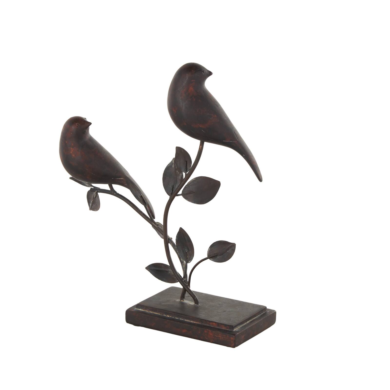 10" Black Polystone Bird Perching Decorative Sculpture with Leaf Vines and Copper Shading
