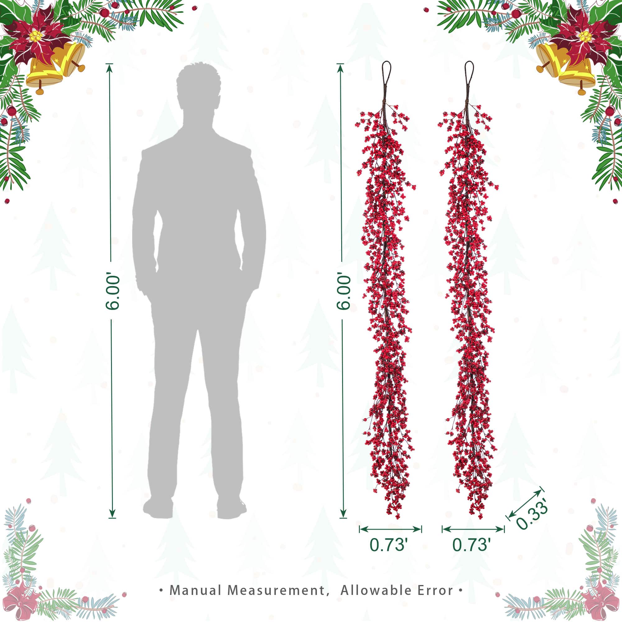Glitzhome® 6ft. Christmas Red Berries Garland, Set of 2