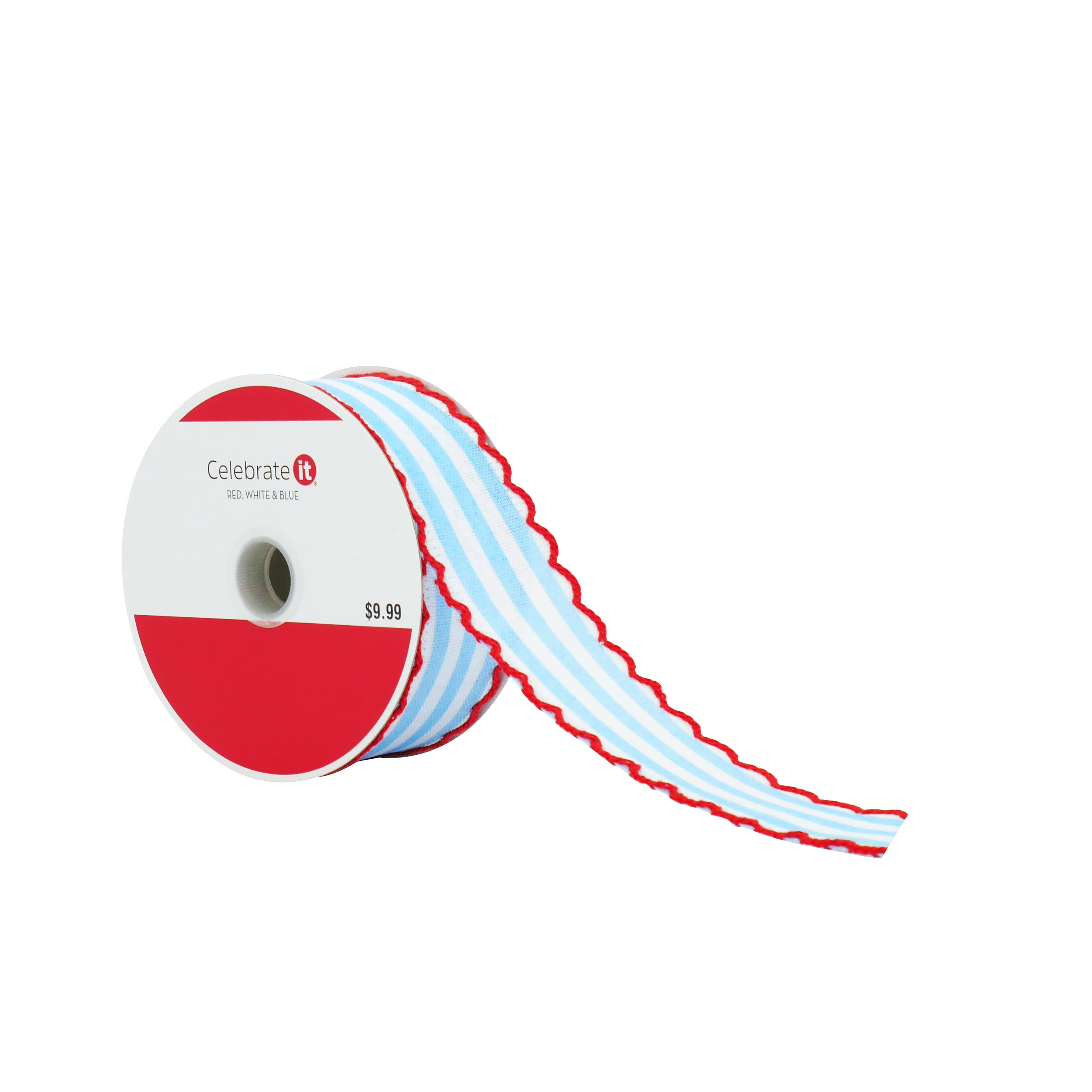 1.5" x 5yd. Blue & White Stripes with Red Edge Wired Cross Linen Ribbon by Celebrate It®