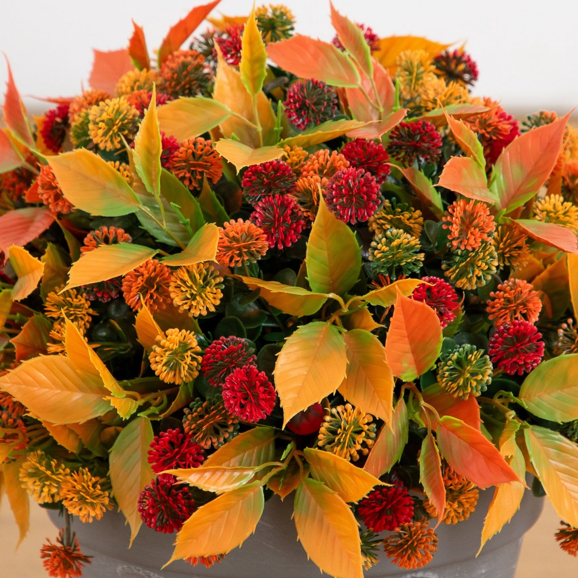 15.5" UV Resistant Autumn Artificial Mixed Fall Mum in Decorative Gray Planter