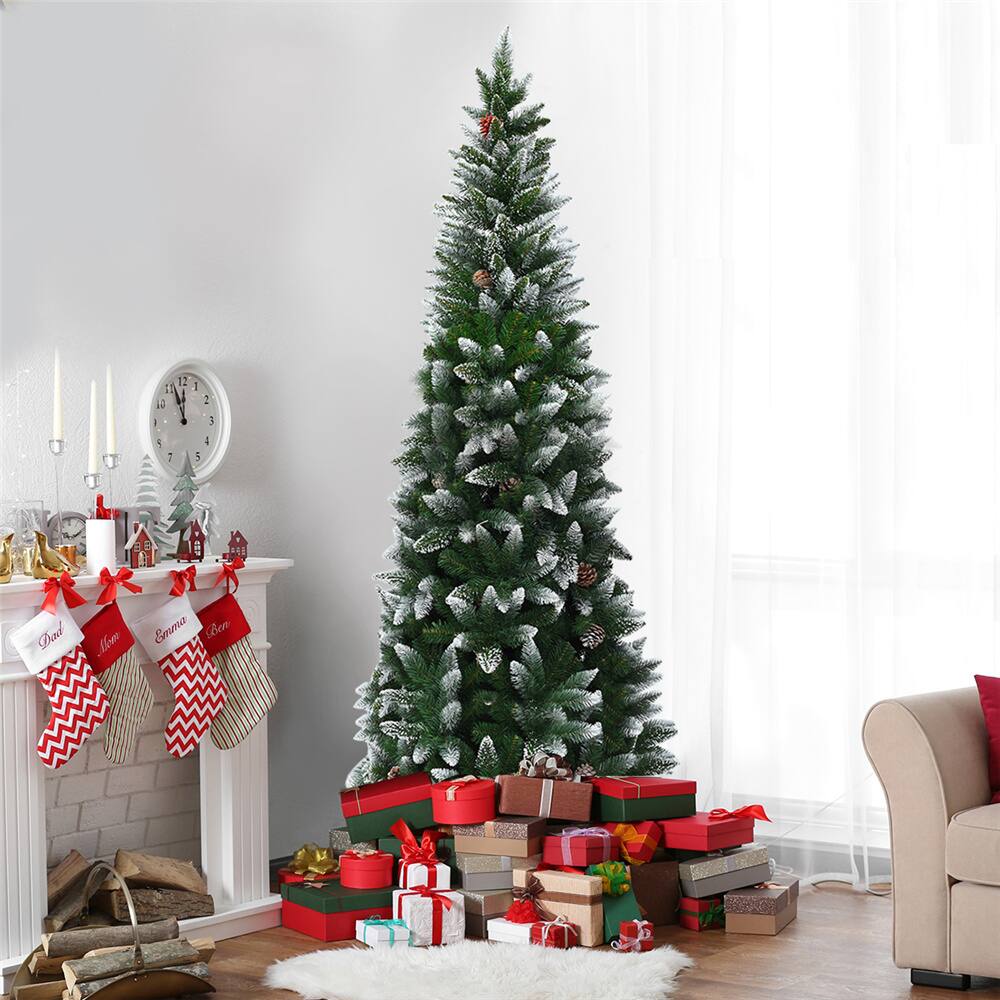 Costway 7.5ft. Snow Flocked Pencil Hinged Christmas Tree with Pinecones
