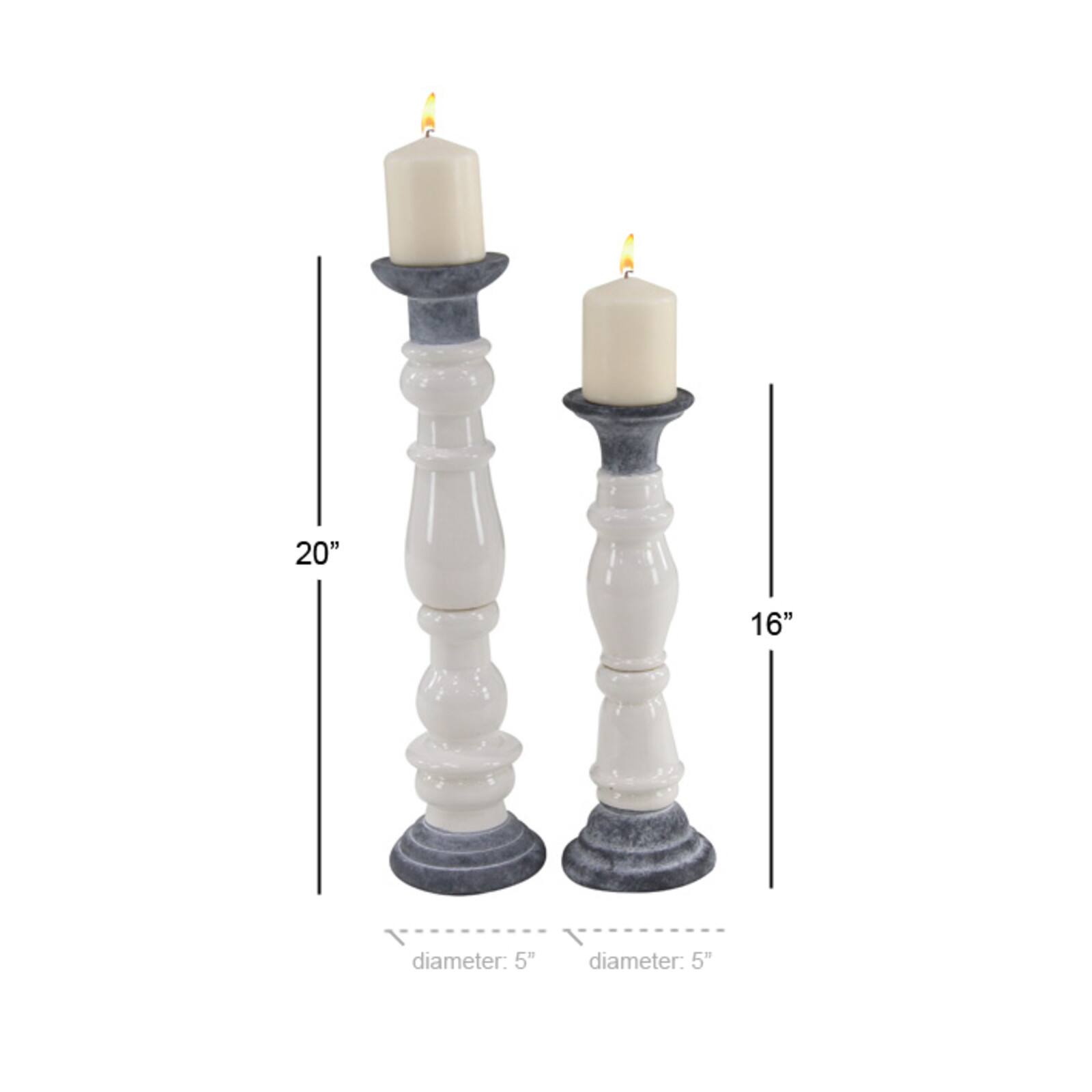 White & Dark Gray Stoneware Country Candle Holder Set