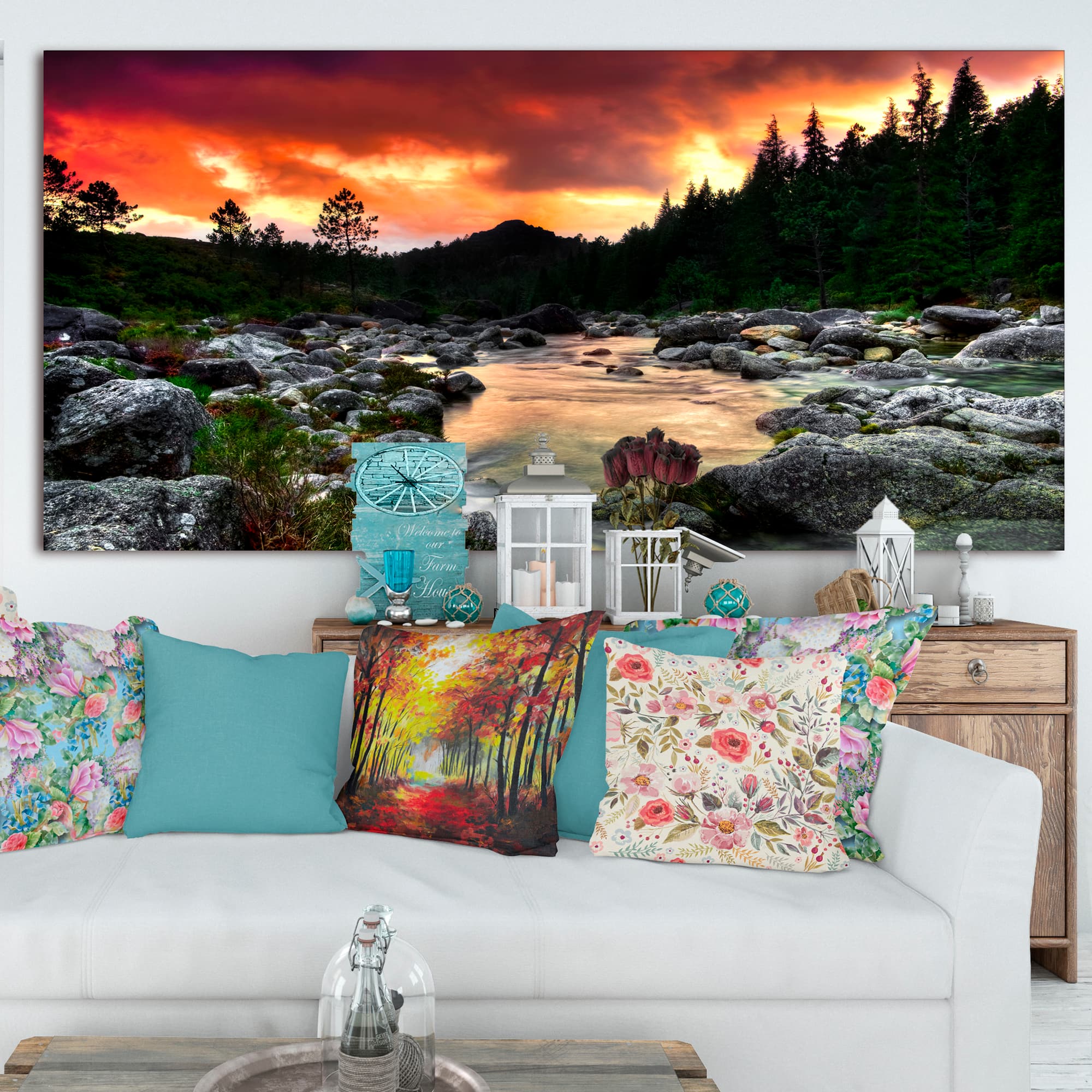 Designart - Rocky Mountain River at Sunset - Extra Large Wall Art Landscape